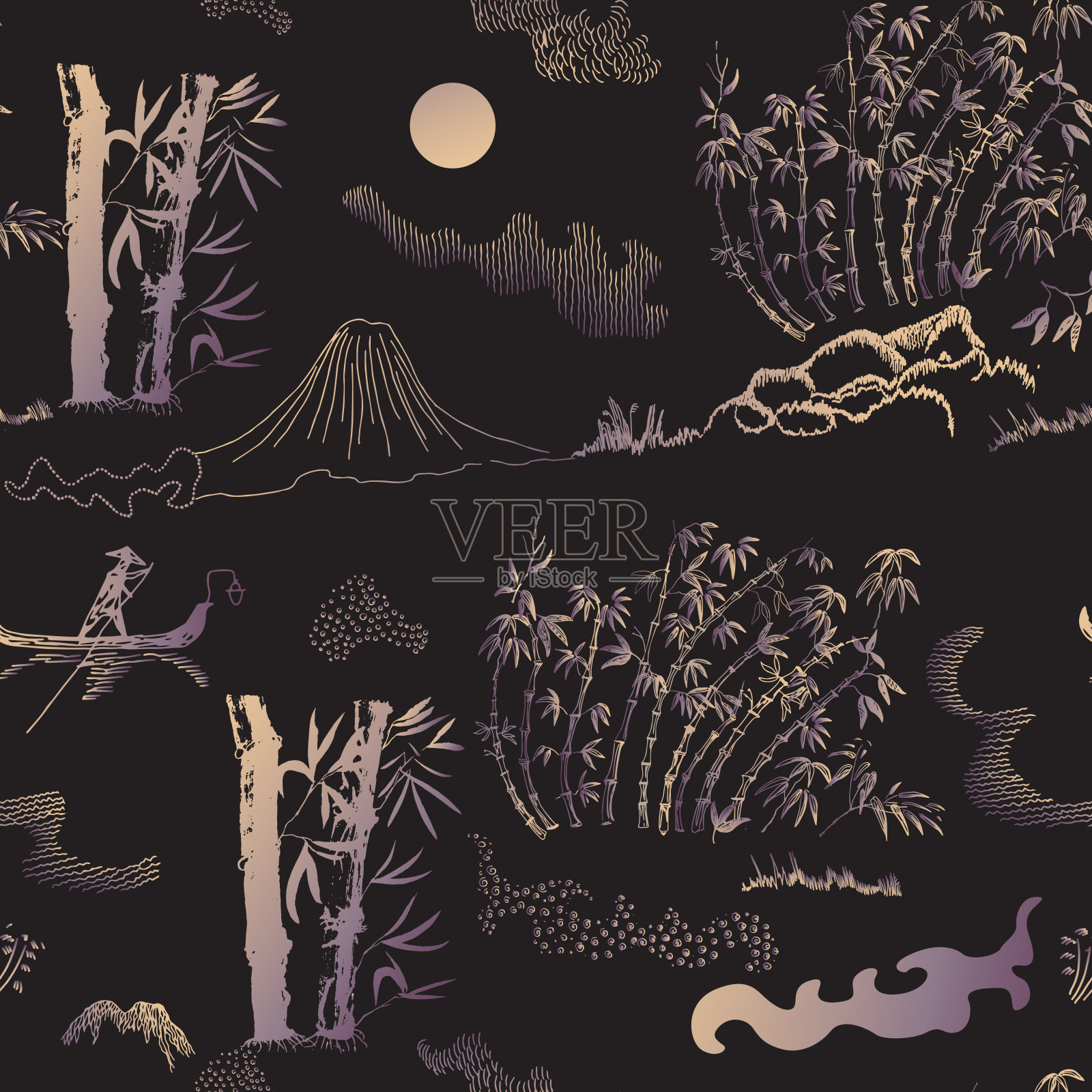 金色的竹杆、树叶、月亮、山、河、船帆在黑色的背景上。向量无缝模式插画图片素材