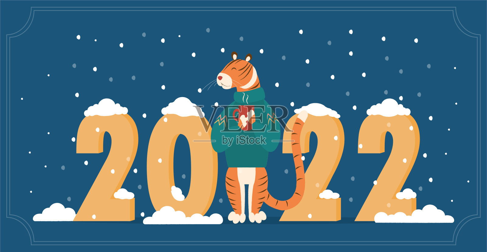 一只穿着毛衣、心满意足的可爱老虎站在雪下，手里拿着一杯热饮插画图片素材