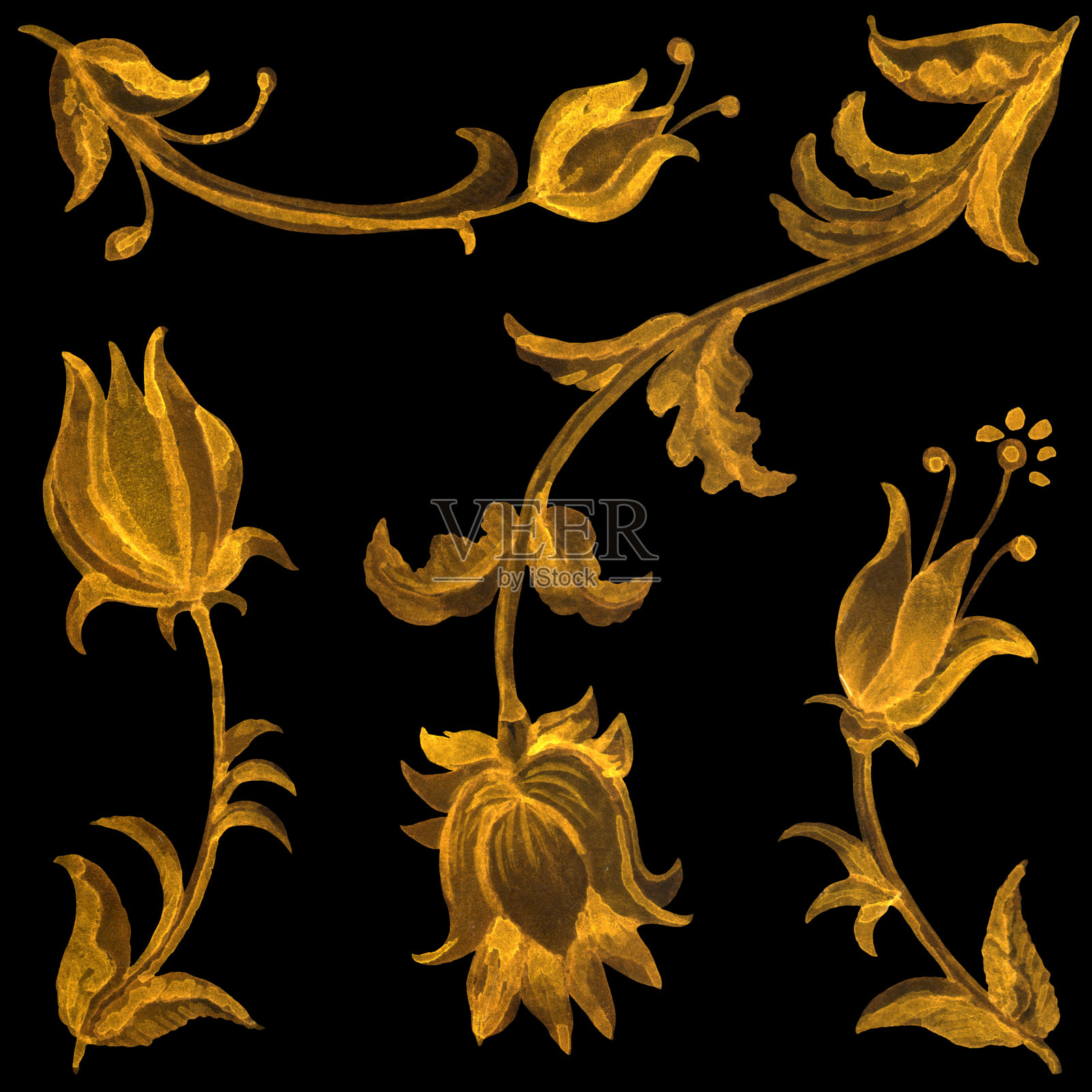 用手工绘制的巴洛克式黄金卷轴、花、叶和树枝的瓷砖插画图片素材