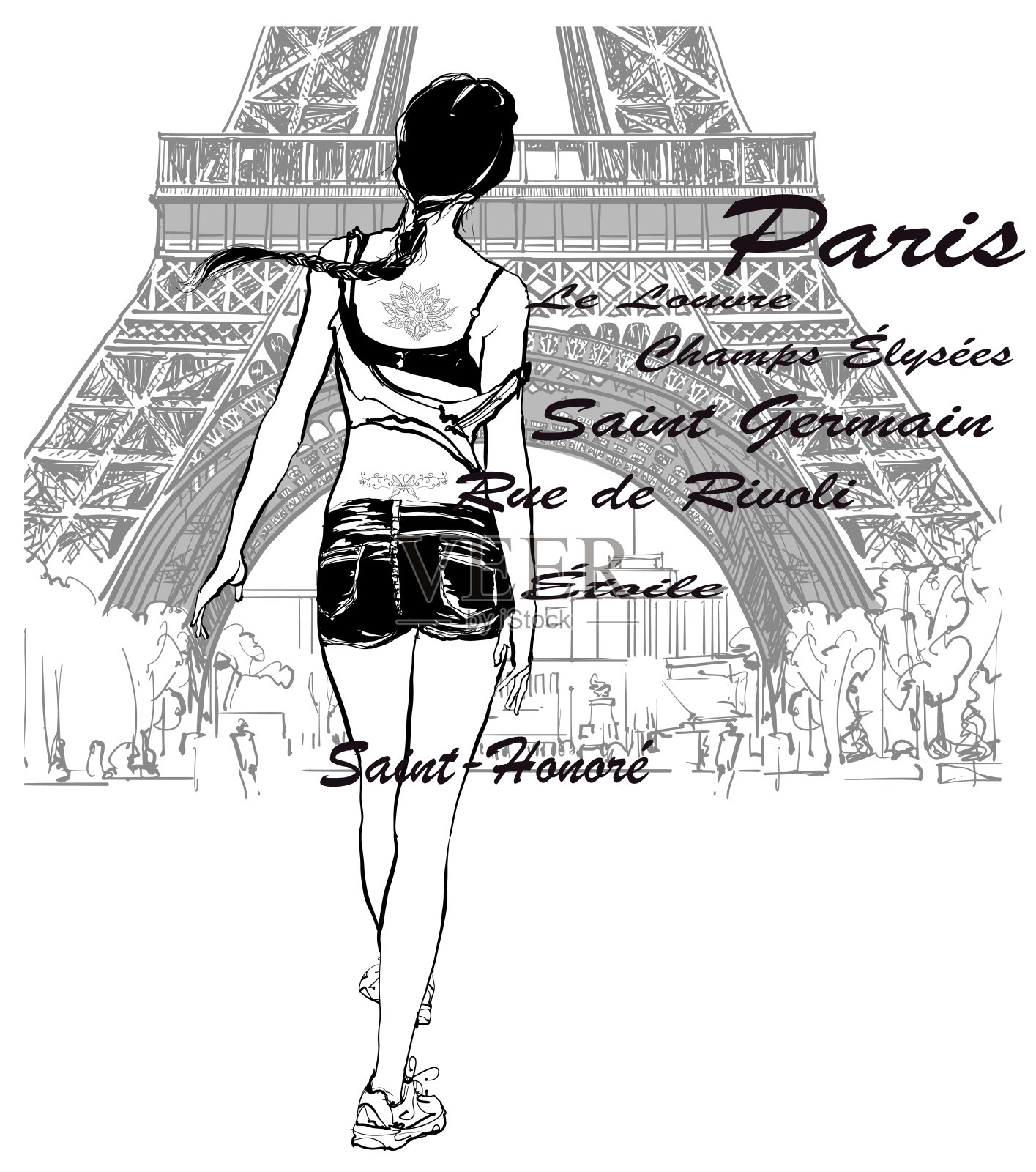 一个带着纹身和辫子的女孩走向巴黎的埃菲尔铁塔插画图片素材