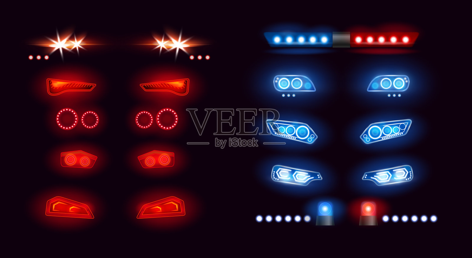 汽车前灯条，led汽车灯。现实的汽车灯前视图集合与发光的效果在夜间，明亮的红色蓝色灯在汽车保险杠，黑色背景。插画图片素材