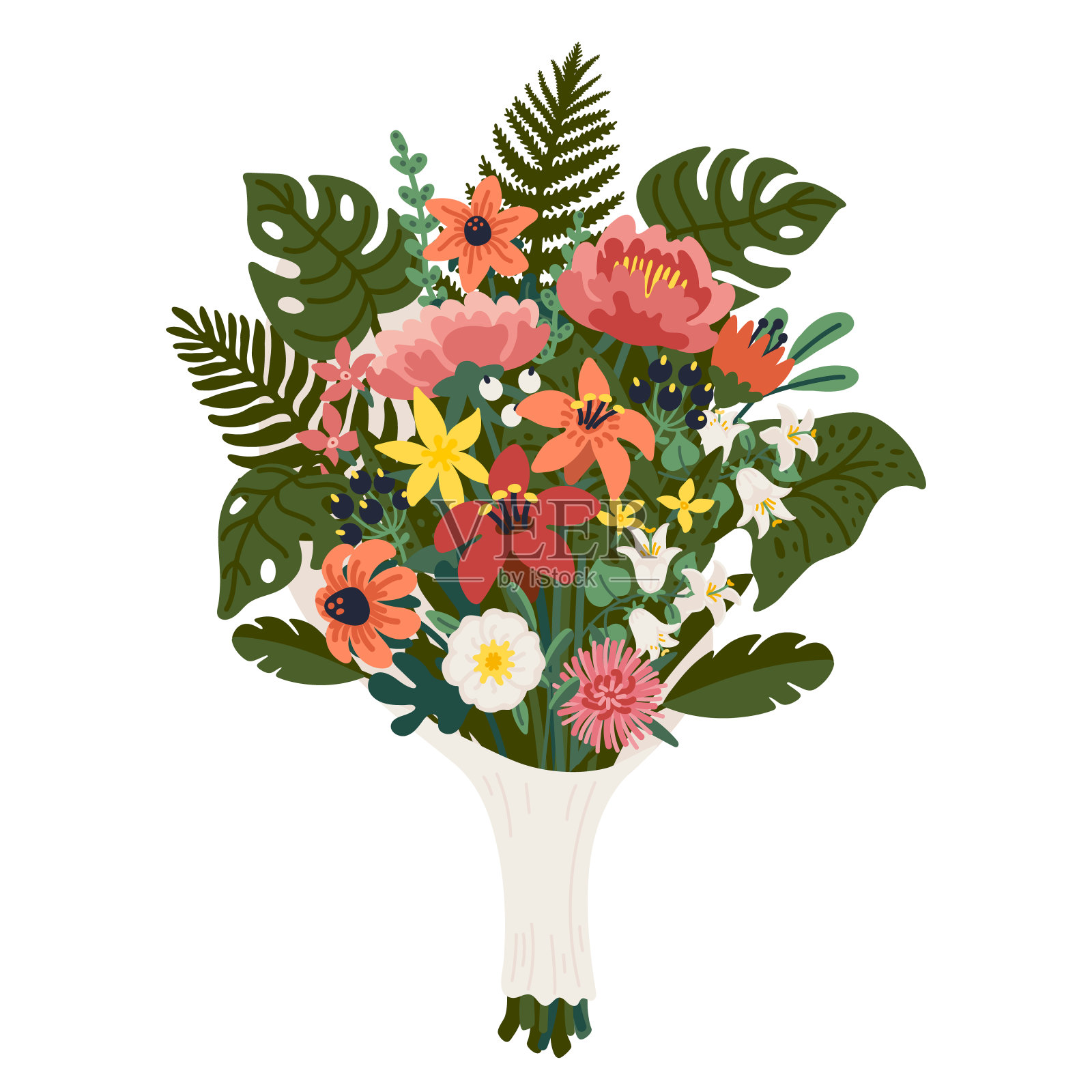 花束，一束粉红色和黄色的花朵和绿色的树枝。矢量插图在平面卡通风格的白色背景插画图片素材