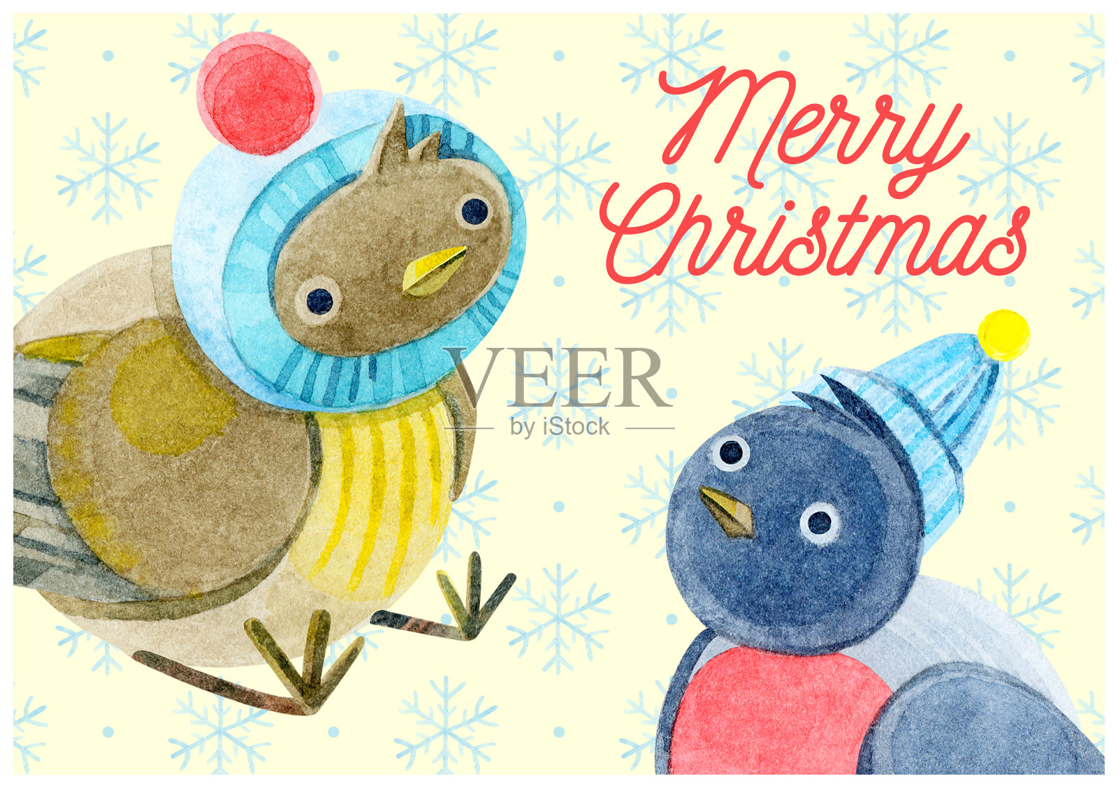 一张有水彩麻雀和红胸灰雀的圣诞卡。可爱的五颜六色的鸟，戴着针织帽子，红色的绒球在飘落的雪花的背景上。圣诞海报，贺卡。插画图片素材