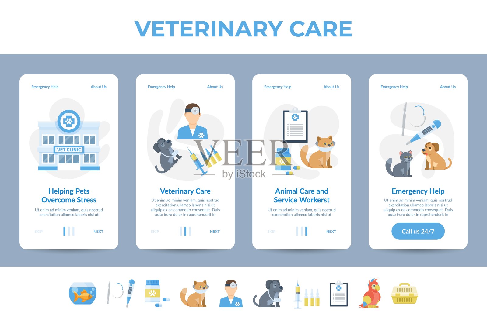 设置动物和护理服务登陆页矢量插图兽医诊所宠物紧急情况插画图片素材