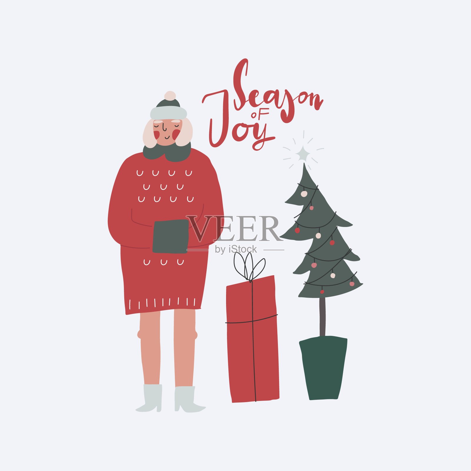 冬天的女孩在红色针织毛衣与圣诞树插画图片素材