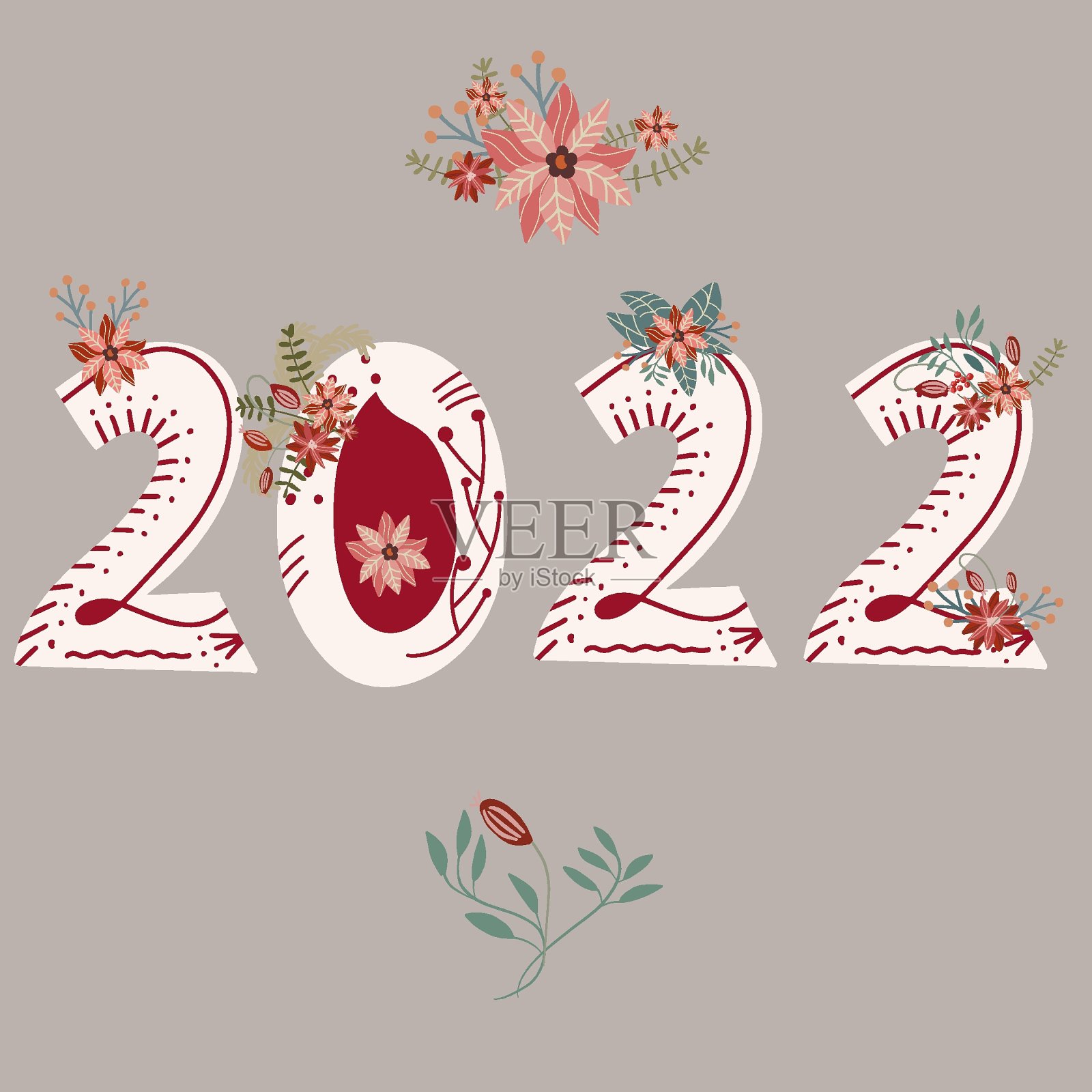 圣诞节手画号码2022与冬季装饰鲜花插画图片素材