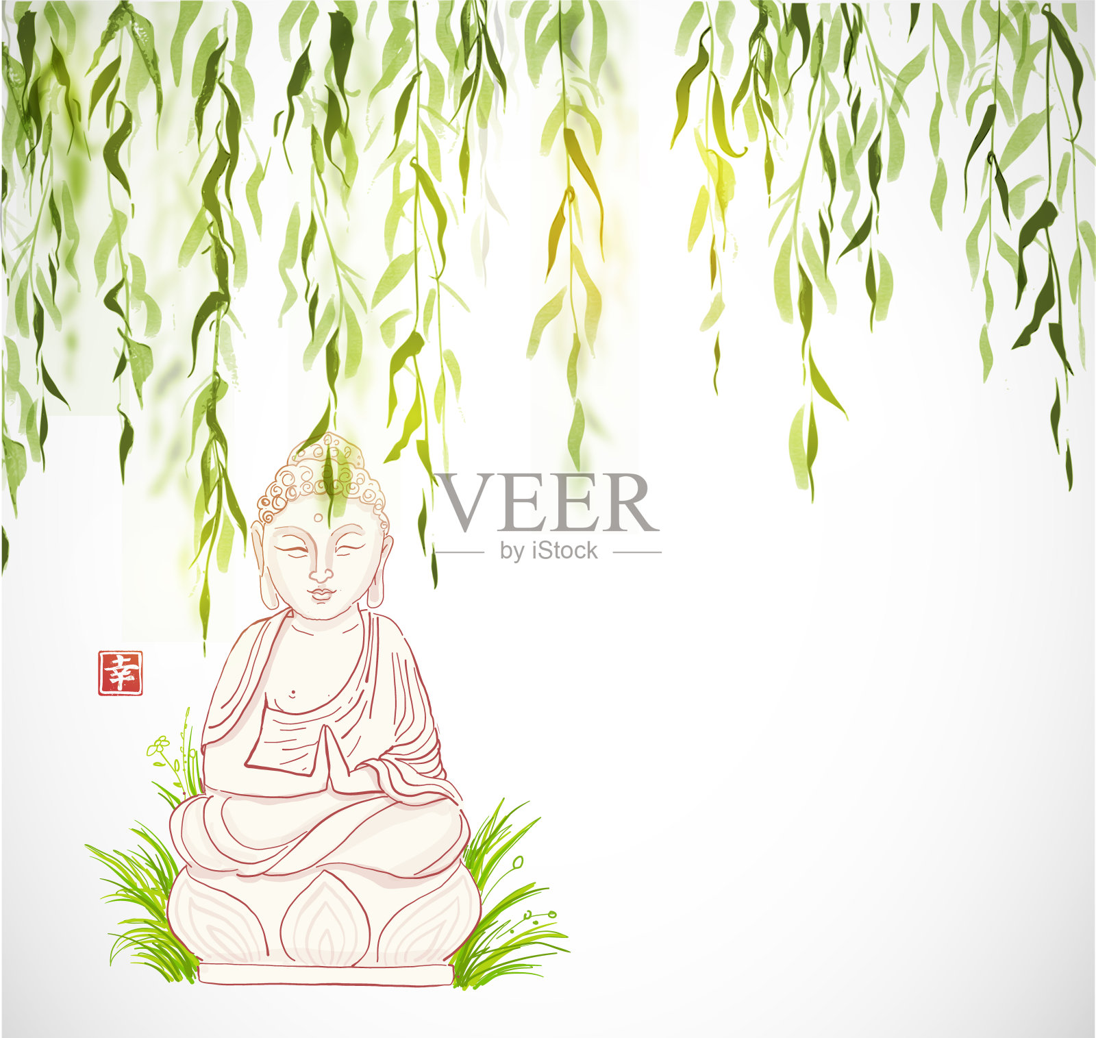 白底绿柳树下的佛像。象形文字——幸福。传统东方水墨画梅花、梅花、梅花。插画图片素材