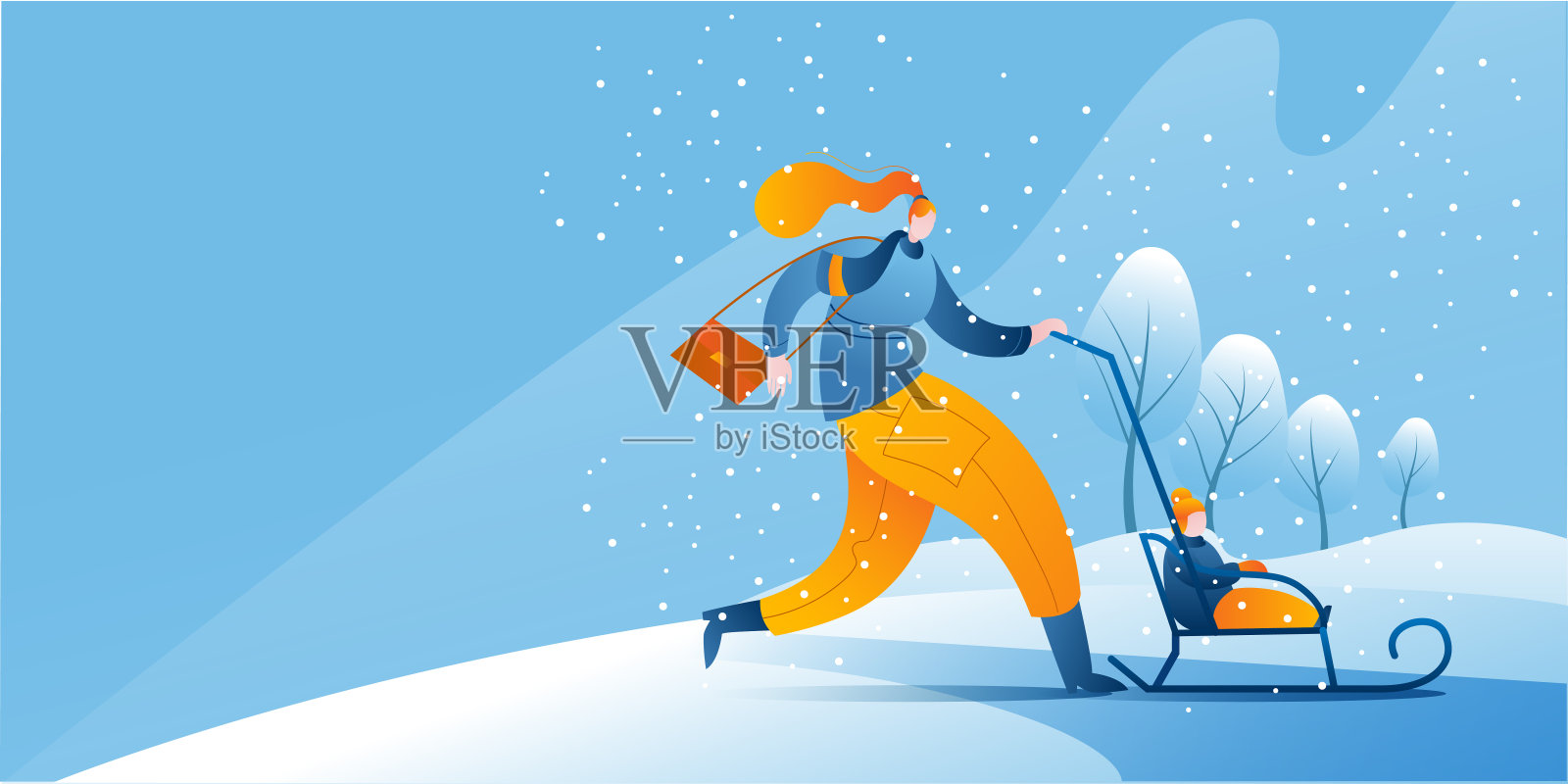 一个穿着暖和衣服的女人带着一个雪橇和一个小孩在走。插画图片素材