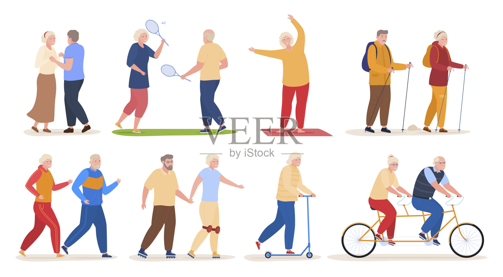 老年人活跃的运动休闲集合向量插图老年人男女跳舞、跑步插画图片素材