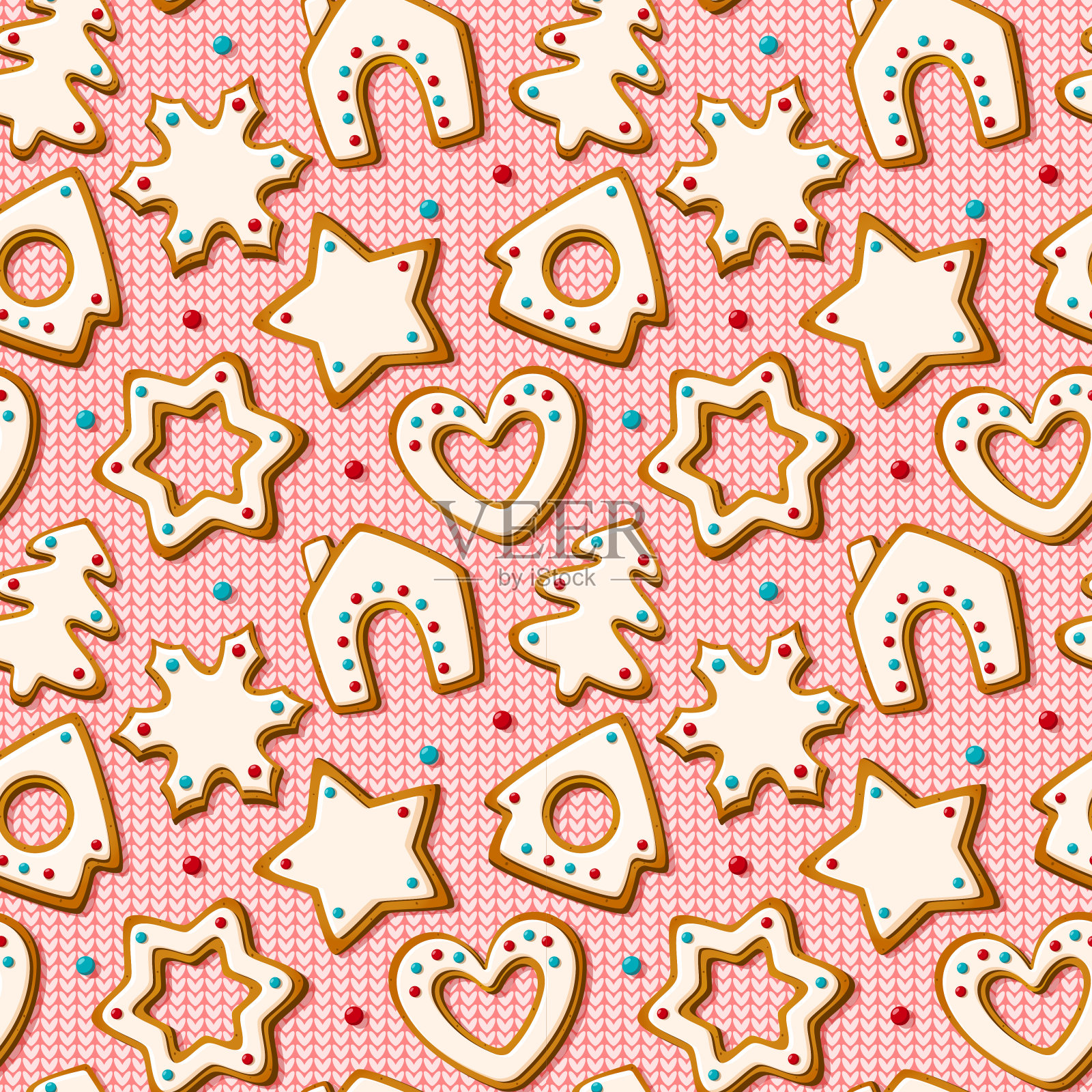 圣诞无缝图案与姜饼曲奇粉红色针织背景。自制的饼干形状有房子、圣诞树、星星、雪花和心形。矢量图插画图片素材