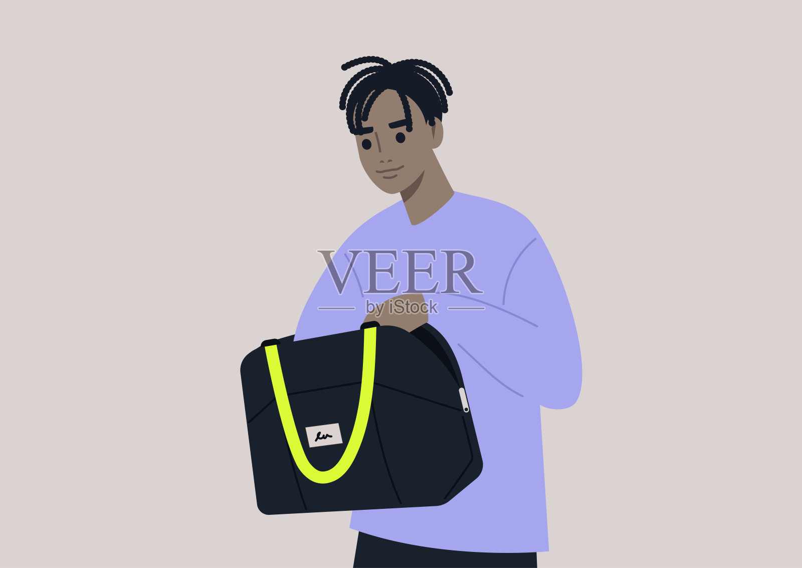 年轻的黑人男性角色在他们的包里寻找钥匙或钱，这是一个日常场景插画图片素材
