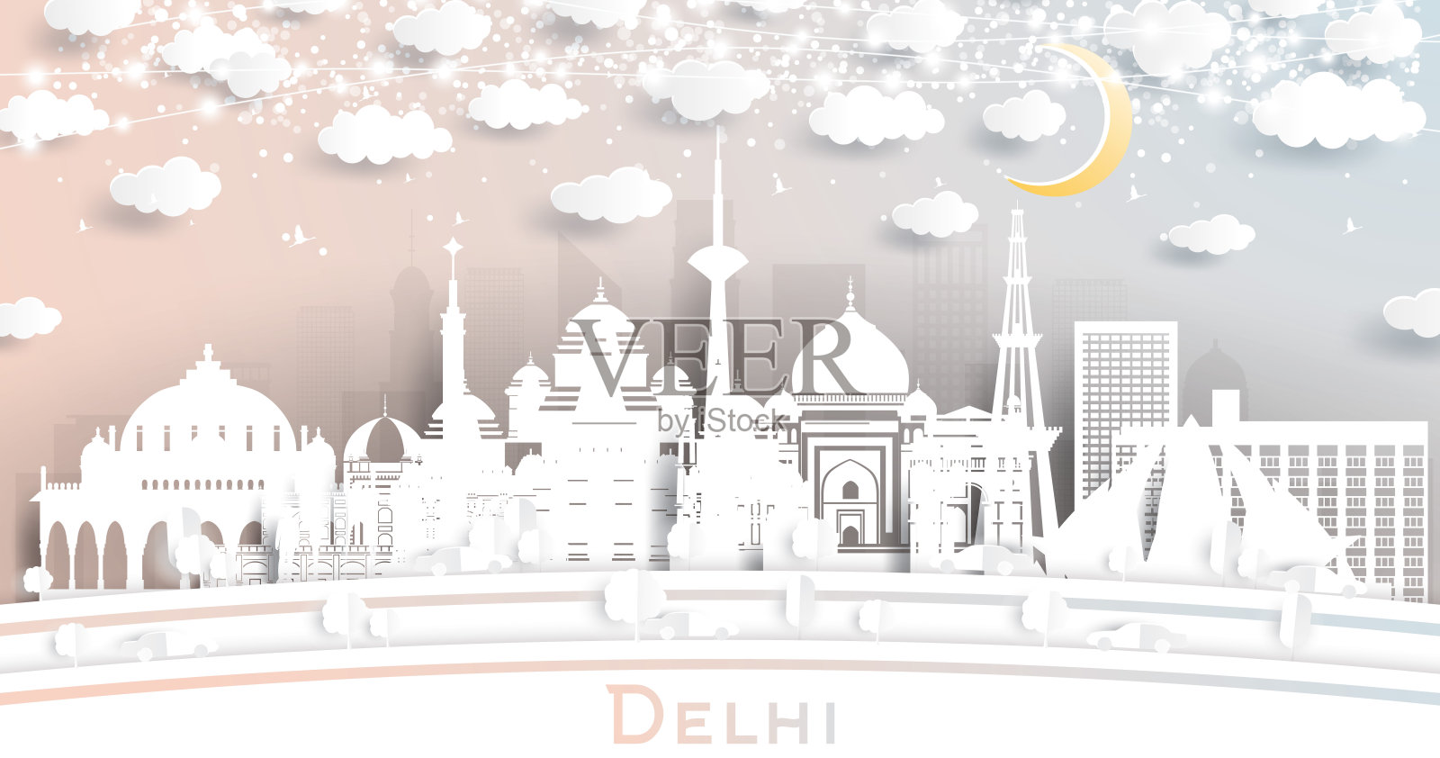 德里印度城市天际线剪纸风格与白色建筑，月亮和霓虹灯花环。插画图片素材