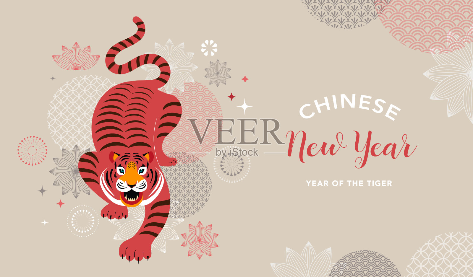 2022年中国新年虎年-中国生肖符号，农历新年概念，现代背景设计插画图片素材
