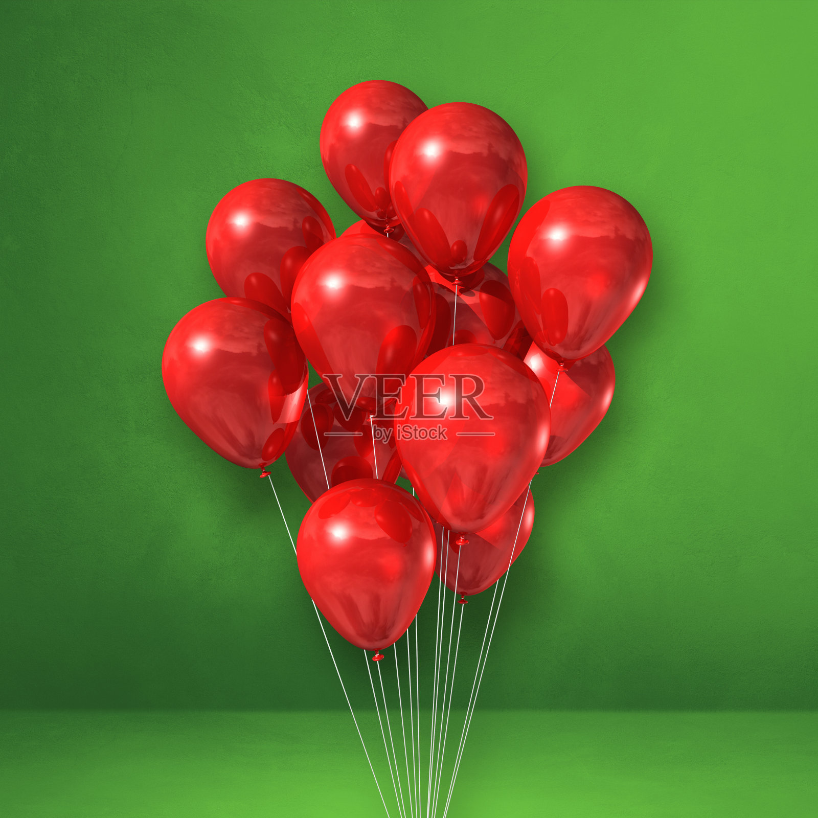 红色的气球串在绿色的背景墙上照片摄影图片