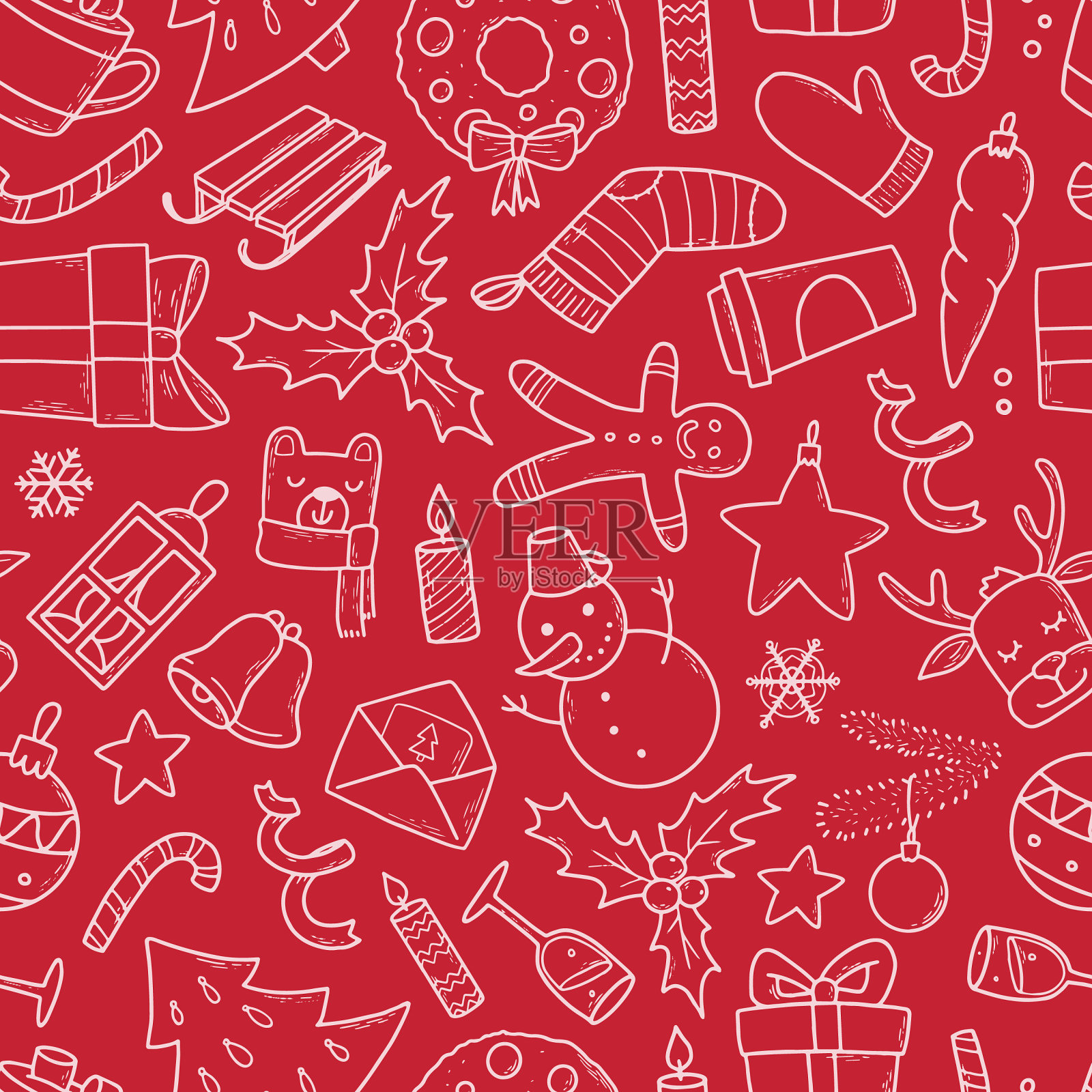 圣诞节无缝模式与涂鸦在红色背景背景图片素材