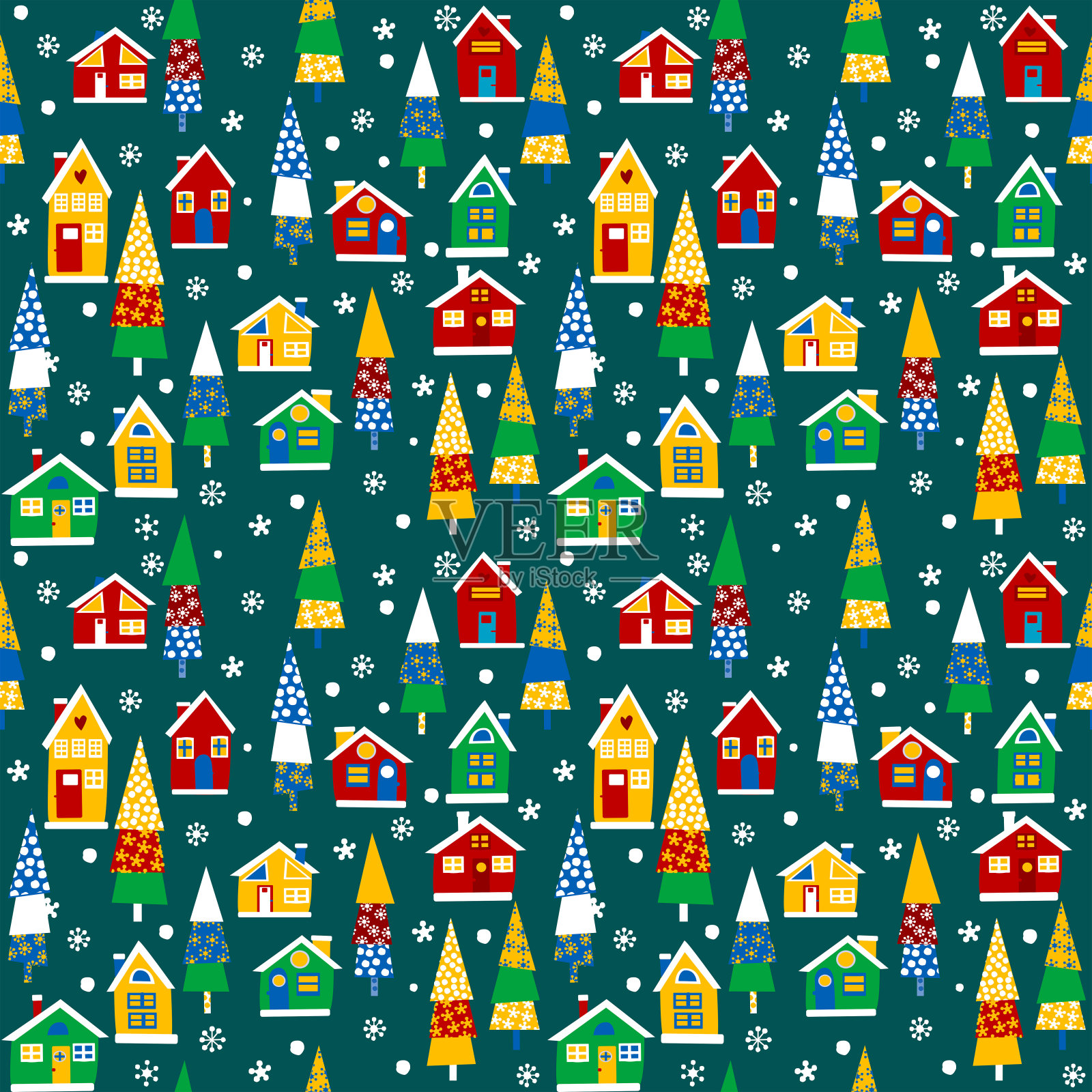 圣诞节无缝背景与房屋和树木背景图片素材