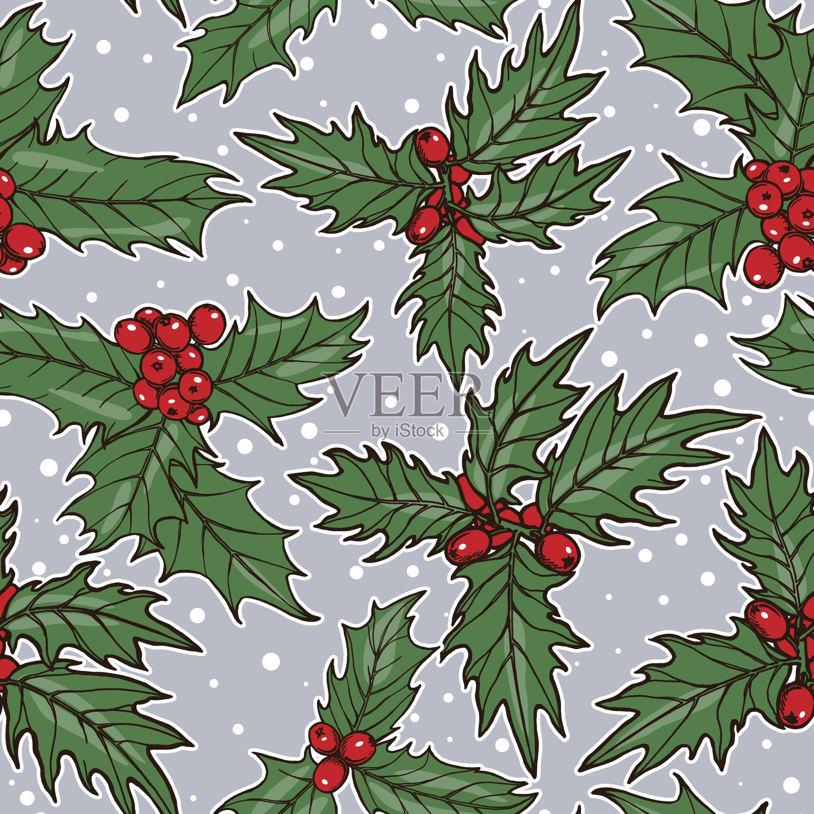 无缝模式与圣诞冬青的树枝在灰色的背景。插画图片素材