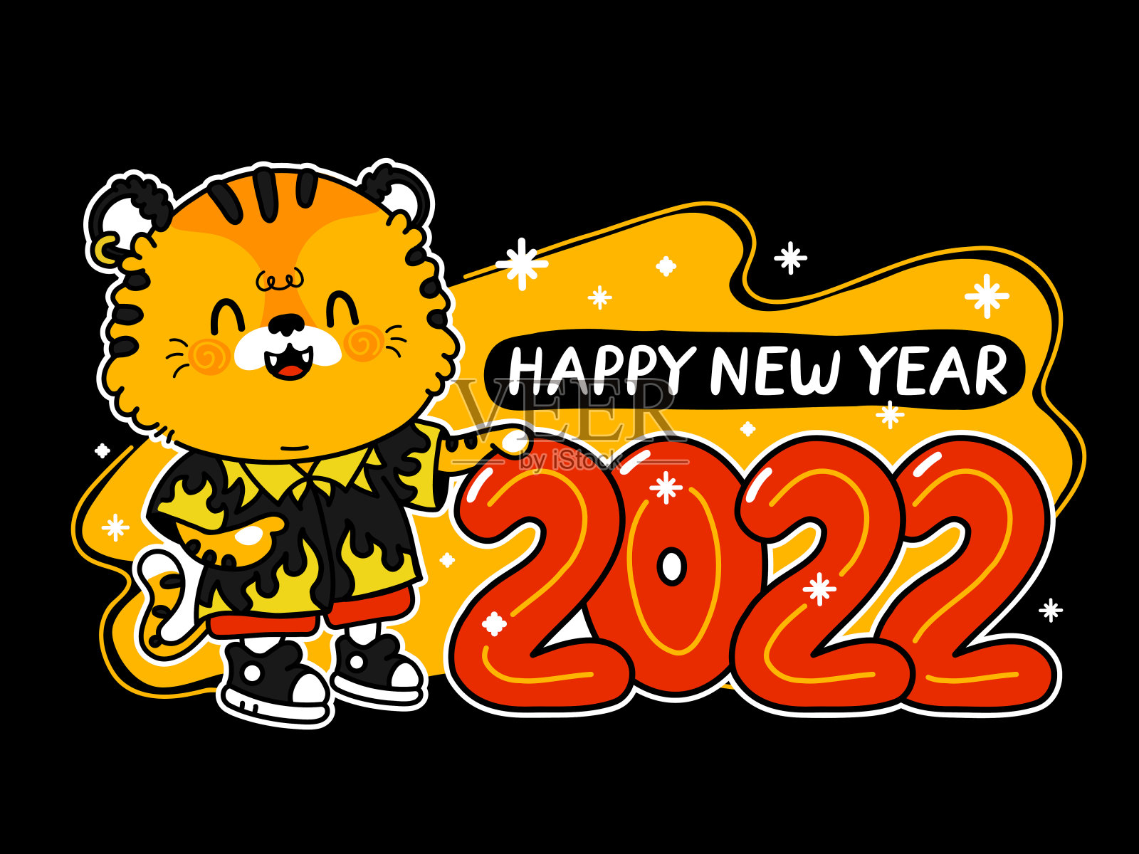 可爱快乐搞笑2022年新年象征老虎和数字。矢量卡通卡哇伊人物插图图标。孤立在白色背景上。老虎象征2022年新年的汉字概念插画图片素材