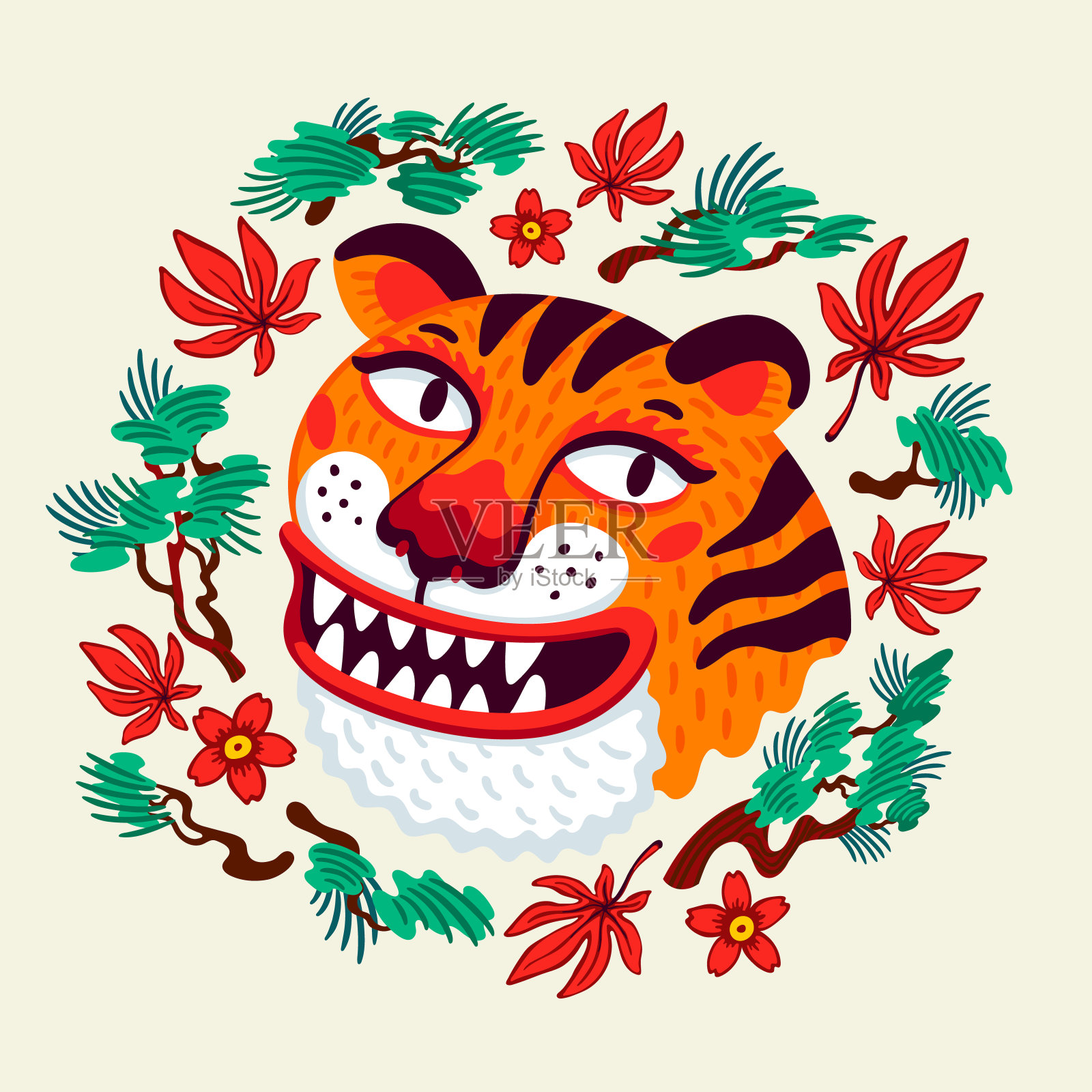 老虎矢量头，卡通老虎滑稽脸在日本枫叶和松枝花环框架。有机平面风格矢量插图插画图片素材
