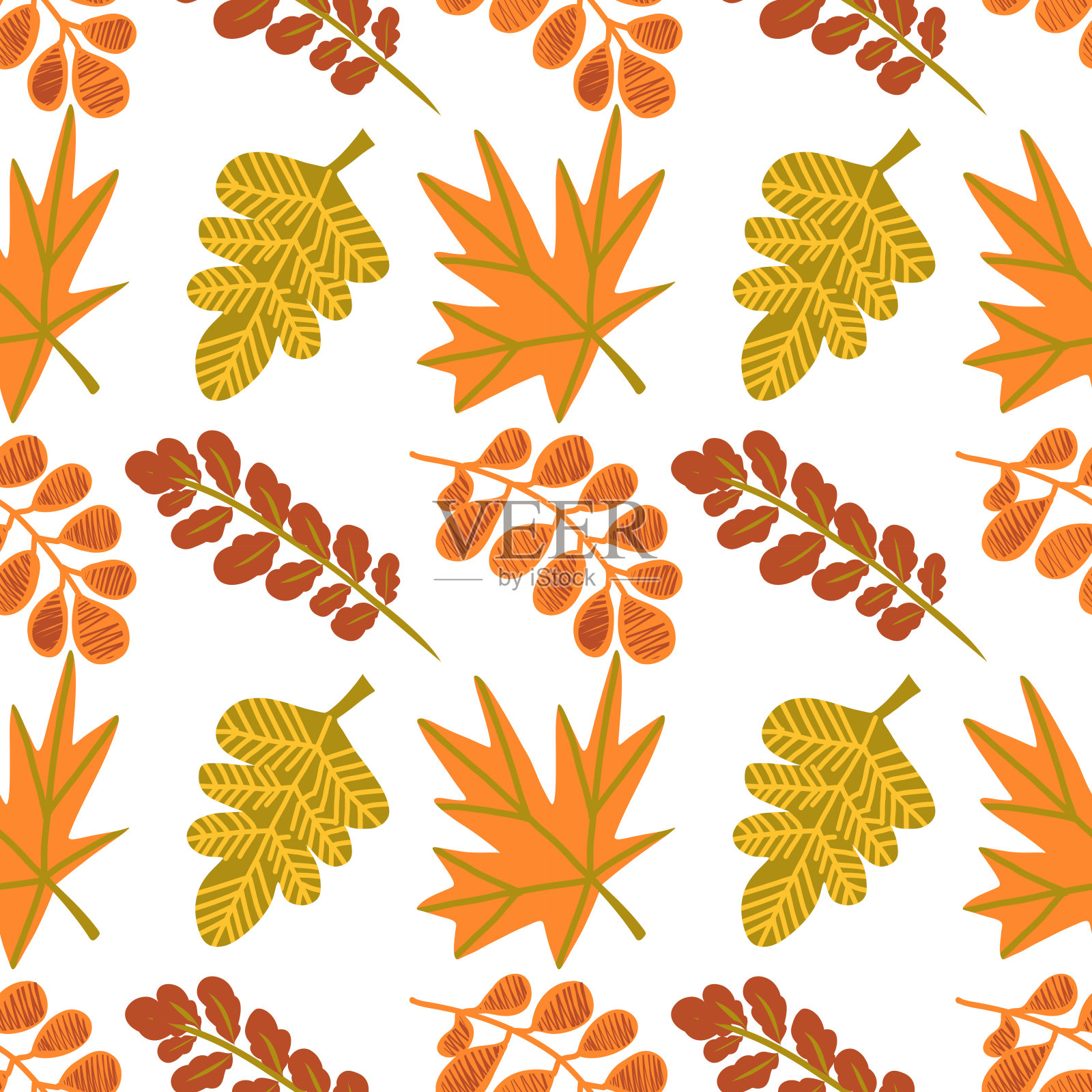 感恩节无缝模式。矢量插图与火鸡，南瓜，红色浆果，秋天的叶子，稻草人，向日葵，苹果。插画图片素材