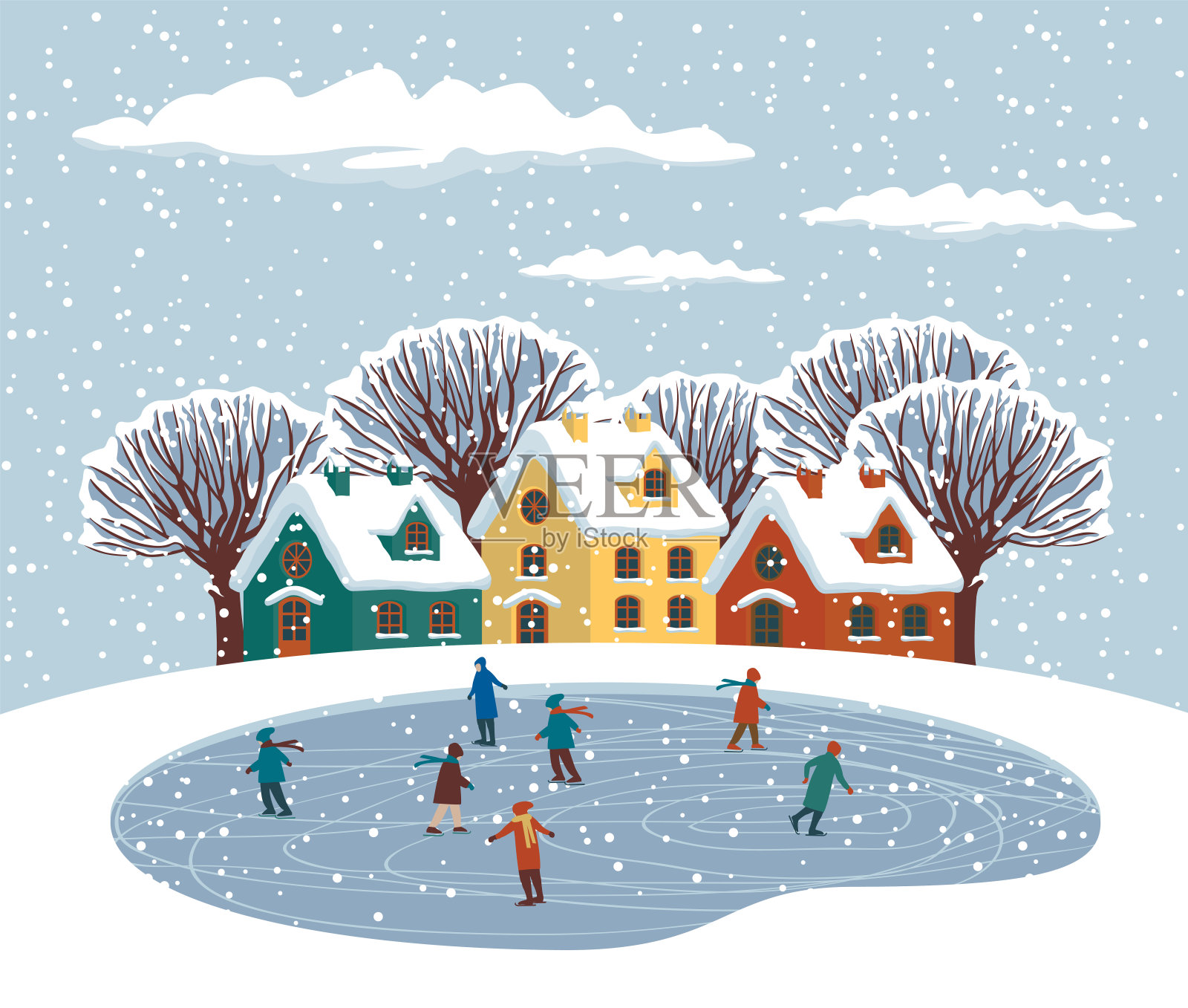 有可爱的房子和溜冰场的冬季景观插画图片素材