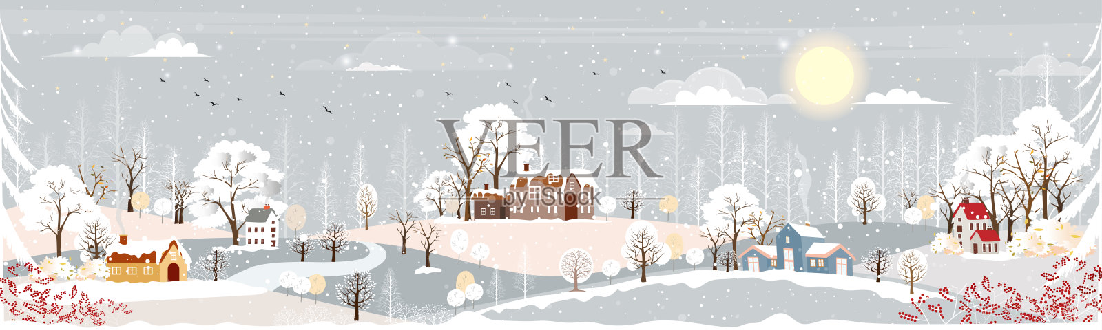 在乡村背景的夜晚村庄的冬季景观，向量水平横幅冬季仙境与山上的房子和森林松树，庆祝圣诞节和新年的背景2022插画图片素材