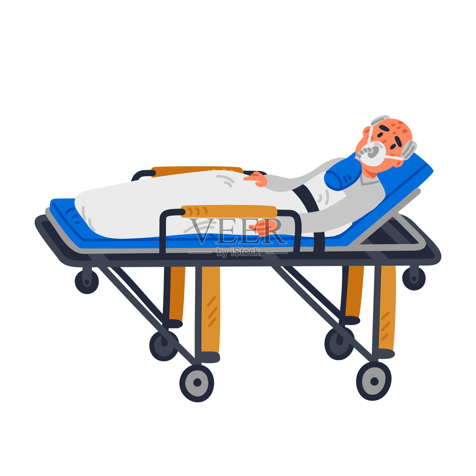 急诊室的帮助，急诊室里一个老病人躺在担架上。平面风格卡通矢量插图插画图片素材