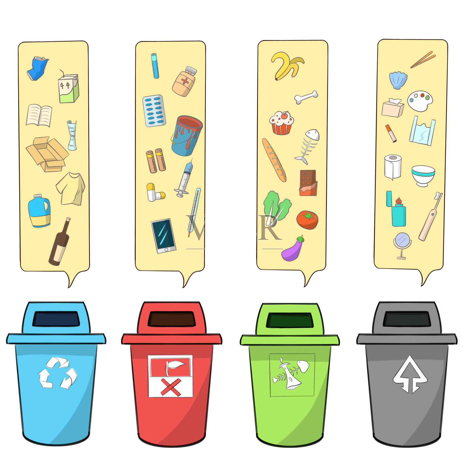 卡通垃圾分类垃圾桶设计元素图片