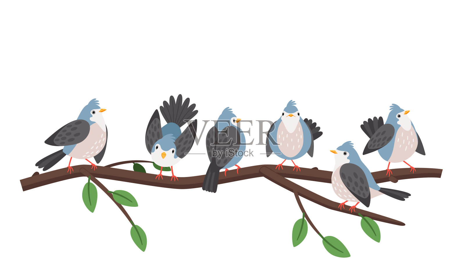 春天树枝鸟类。蓝色的鸟啁啾和翅膀拍动在树枝上孤立的白色，艺术山雀在森林小枝矢量插图插画图片素材