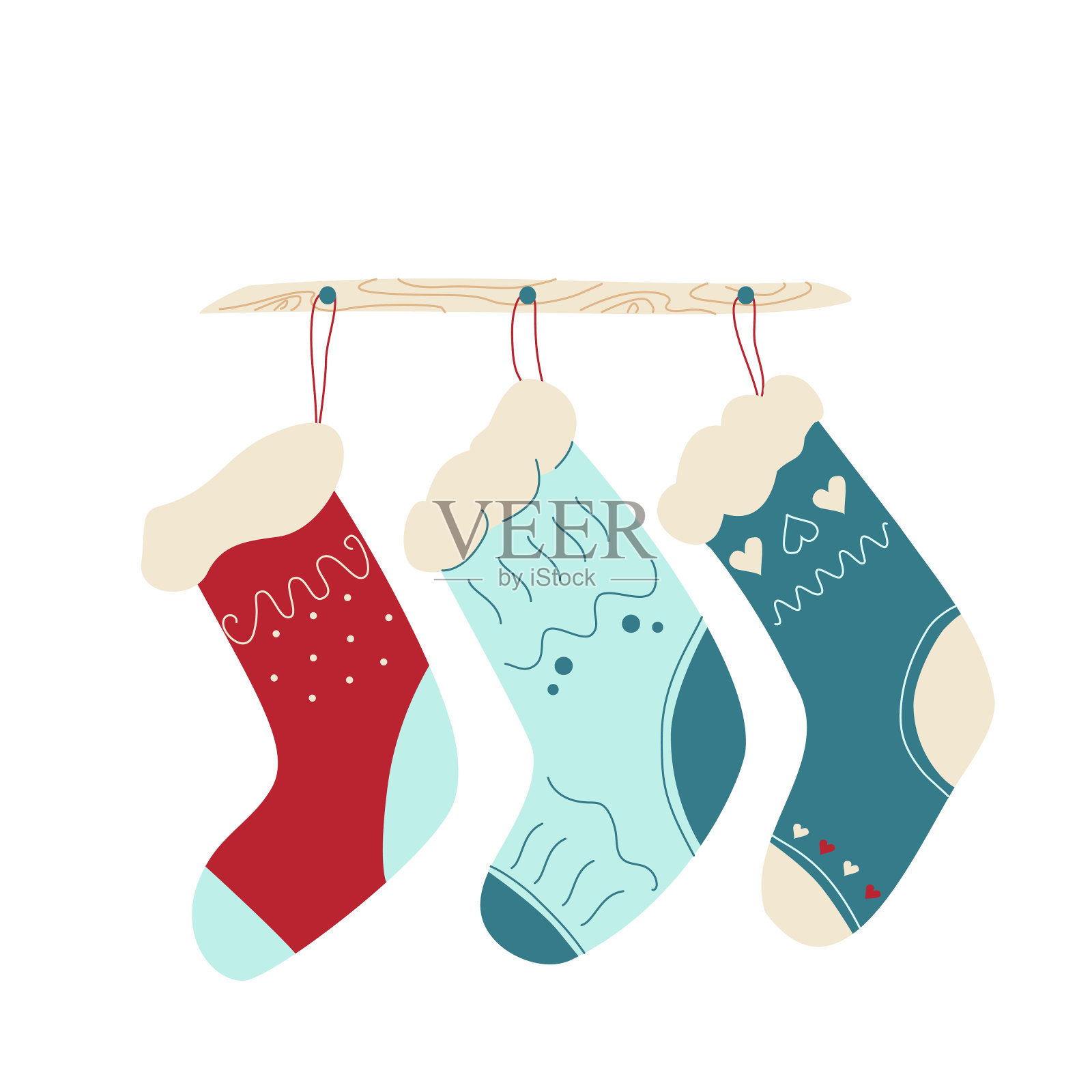 三只冬天的袜子作为节日礼物插画图片素材