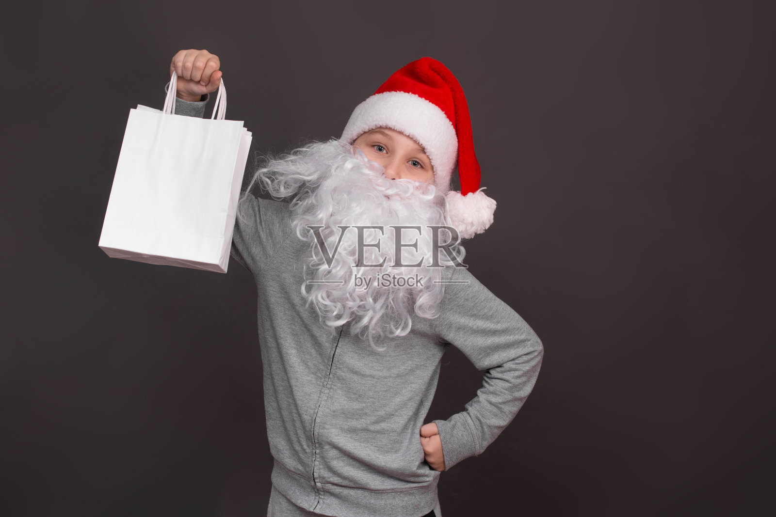 长着胡子、戴着帽子的圣诞老人拿着白色的环保礼物袋。本空间照片摄影图片