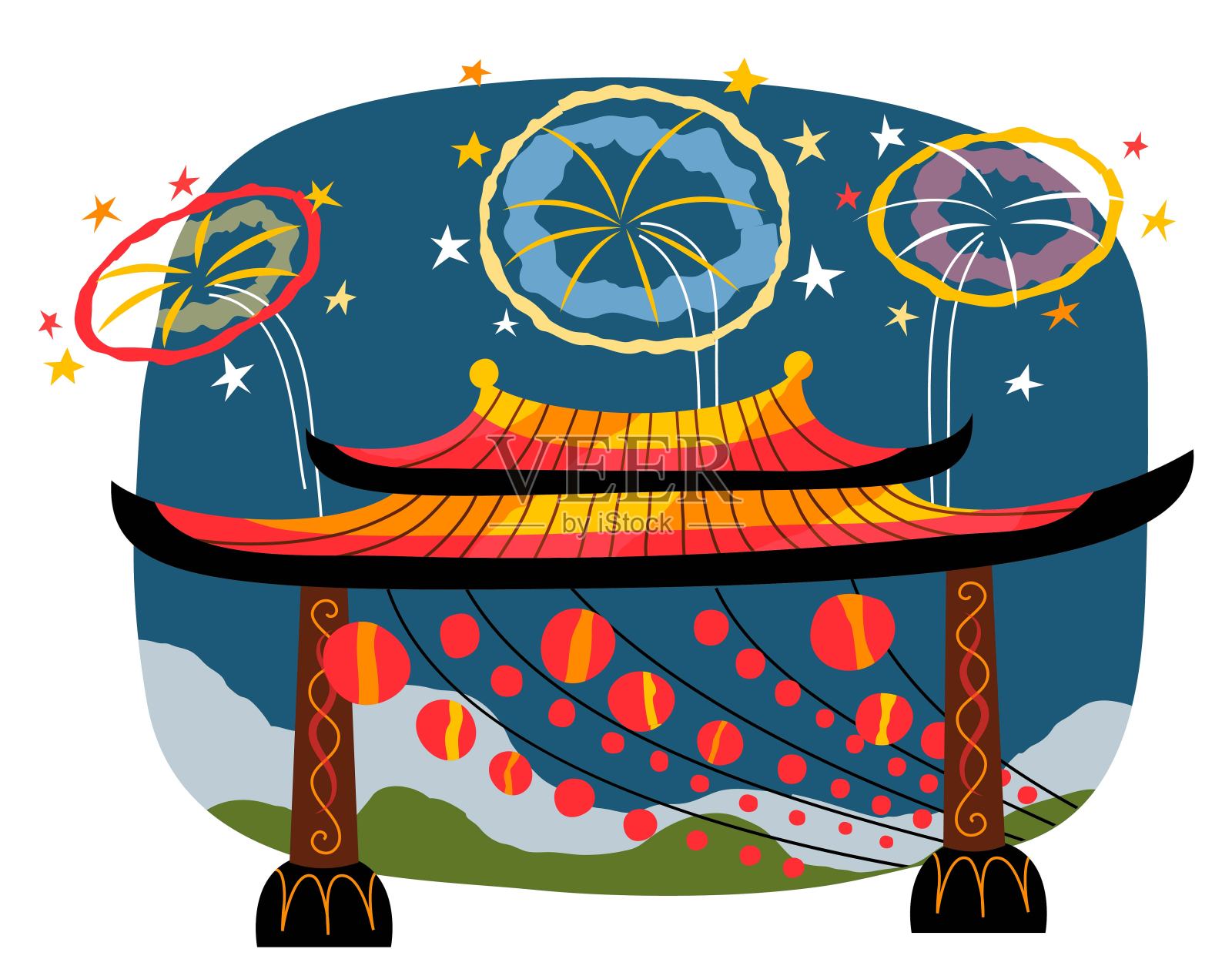 中国新年庆祝背景。传统亚洲节日矢量插图。灯笼成排挂着，鞭炮在夜空中放着，白色背景上有柱子的建筑插画图片素材