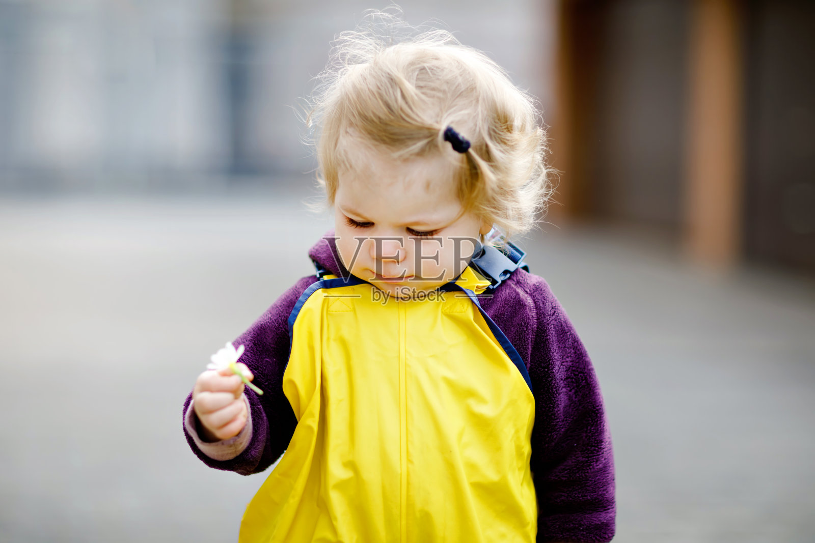 可爱可爱的小女孩在春天的户外玩耍。宝宝穿着黄色的泥雨水坑裤子裤子。快乐女孩的肖像。照片摄影图片