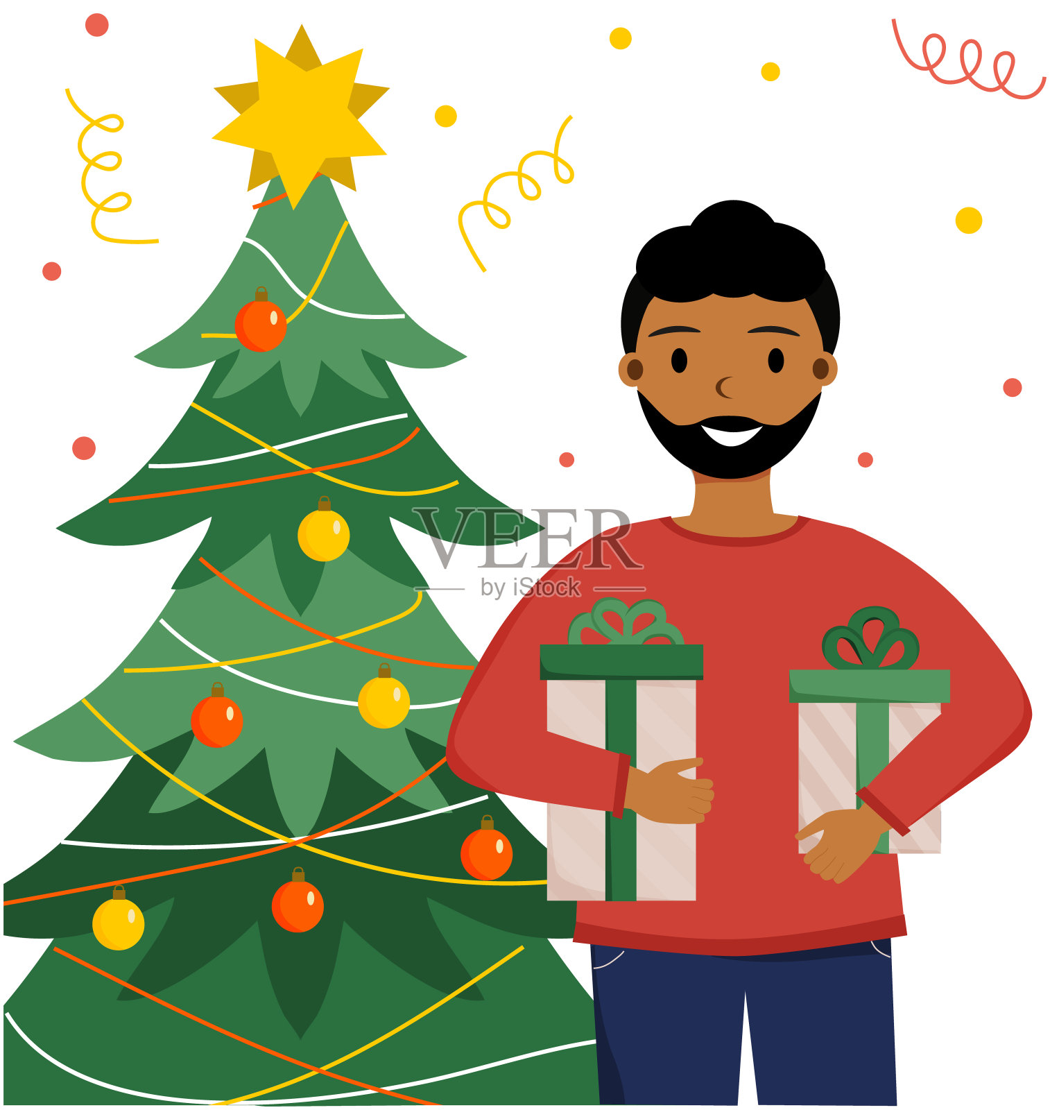 一个拿着圣诞礼盒的美国黑人站在圣诞树旁。圣诞节，新年心情。平面风格的矢量插图。插画图片素材