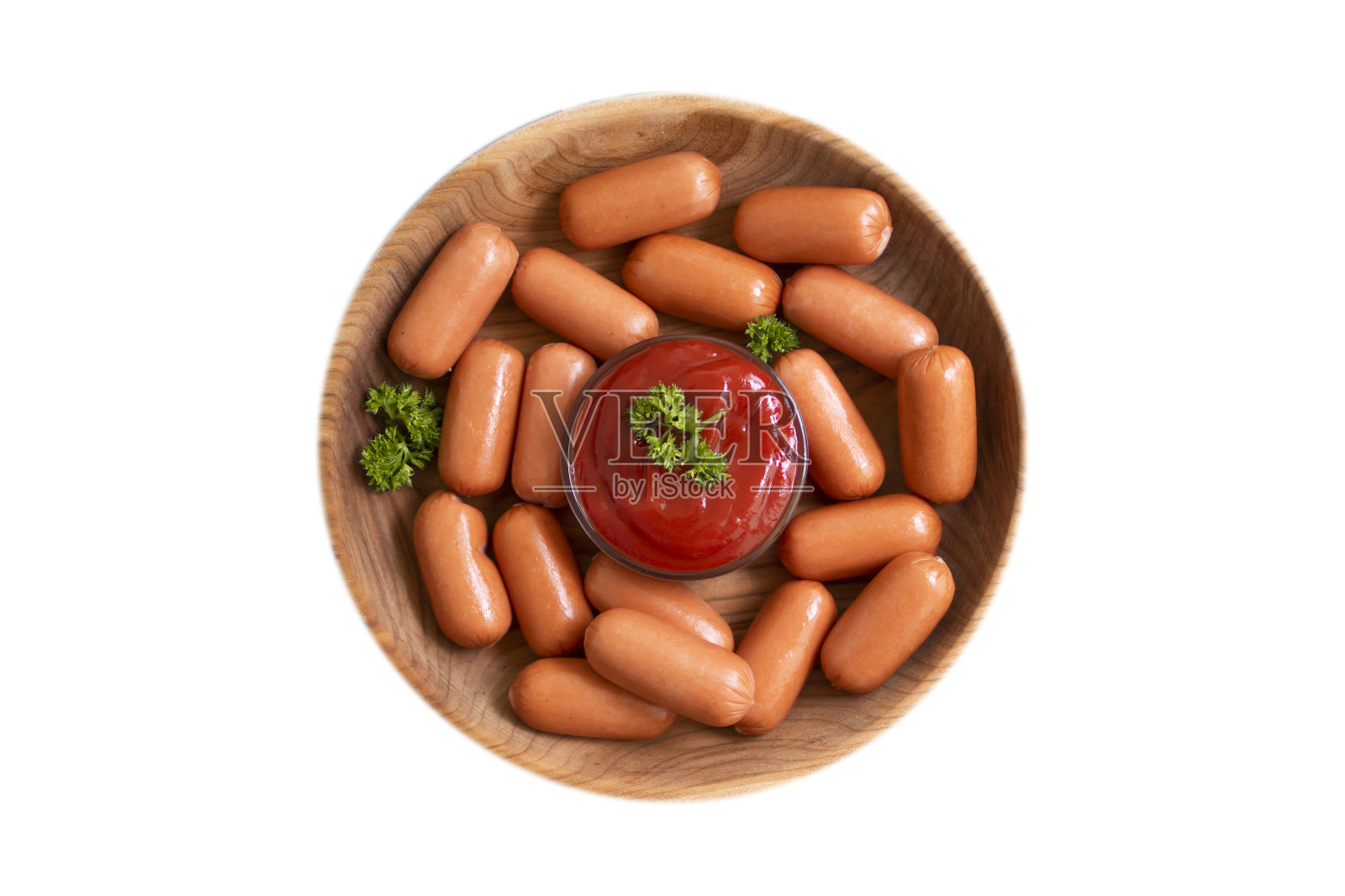 盘子里的番茄酱香肠被隔离在白色的背景上照片摄影图片