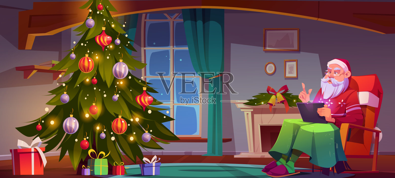 圣诞老人和圣诞树在客厅里插画图片素材