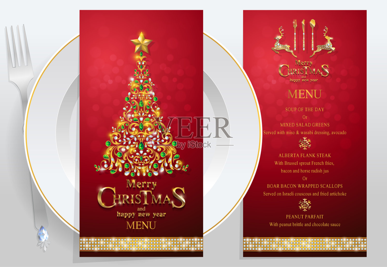 圣诞和新年快乐菜单与黄金图案和水晶纸颜色。插画图片素材