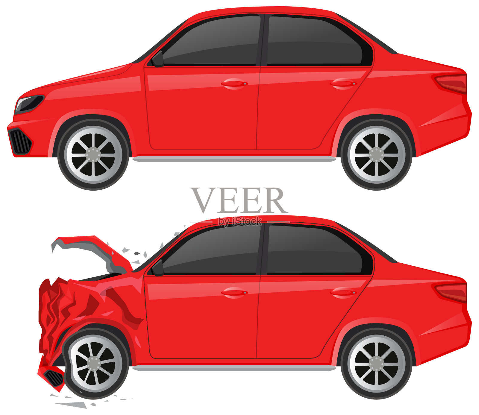 红色轿车和白色背景上的汽车残骸插画图片素材