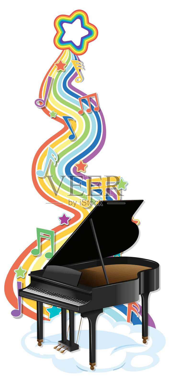 钢琴上带有彩虹波符号的旋律插画图片素材