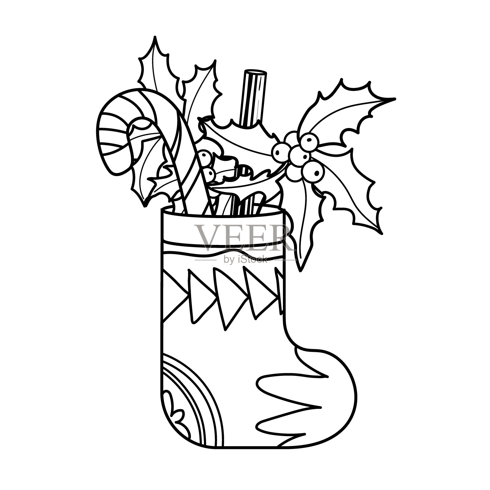 圣诞线袜子与冬青枝和糖果孤立在白色的背景。冬天的象征。线条艺术手绘矢量插图插画图片素材