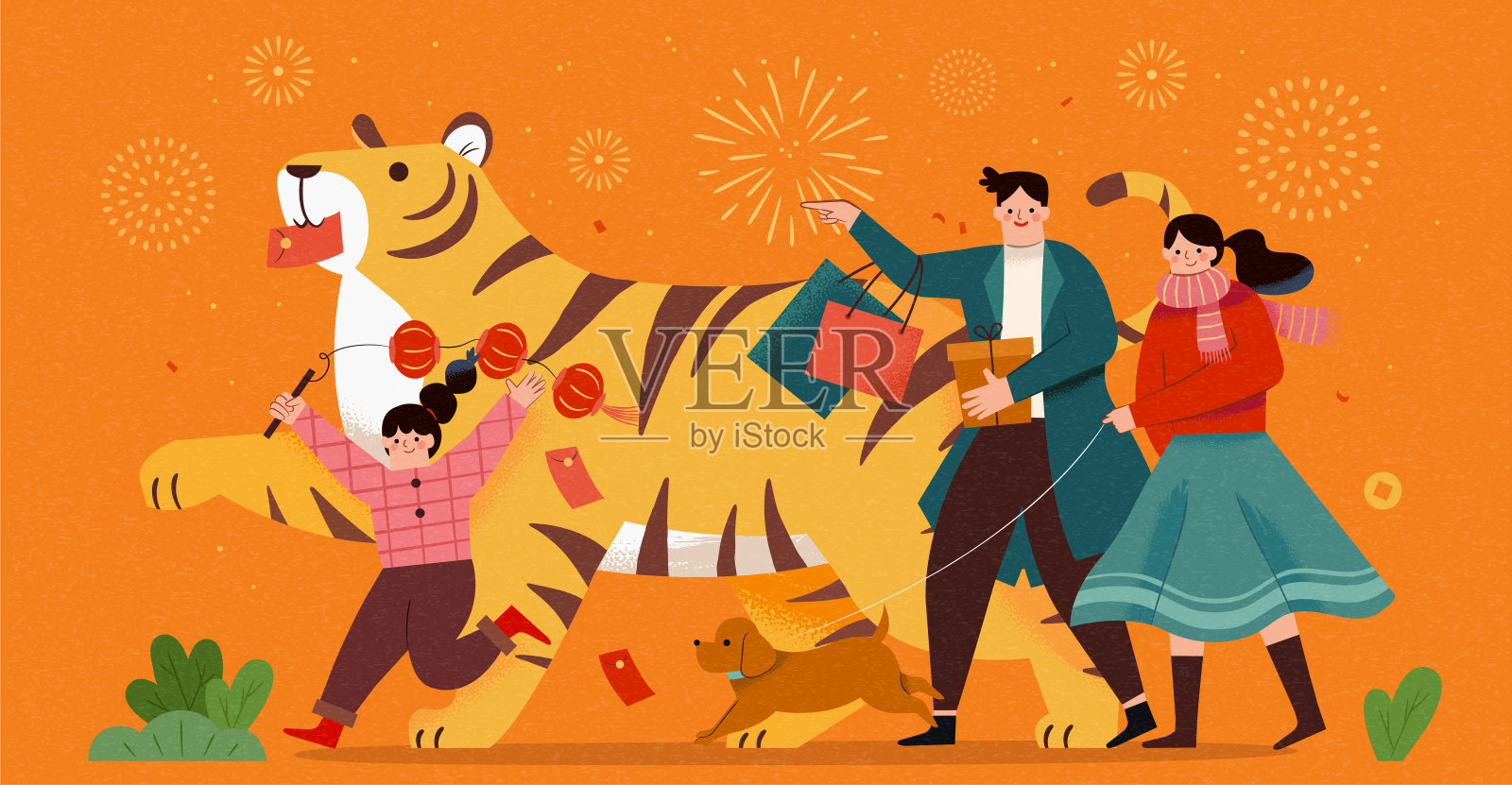 虎年春节旅游手绘概念插画设计模板素材
