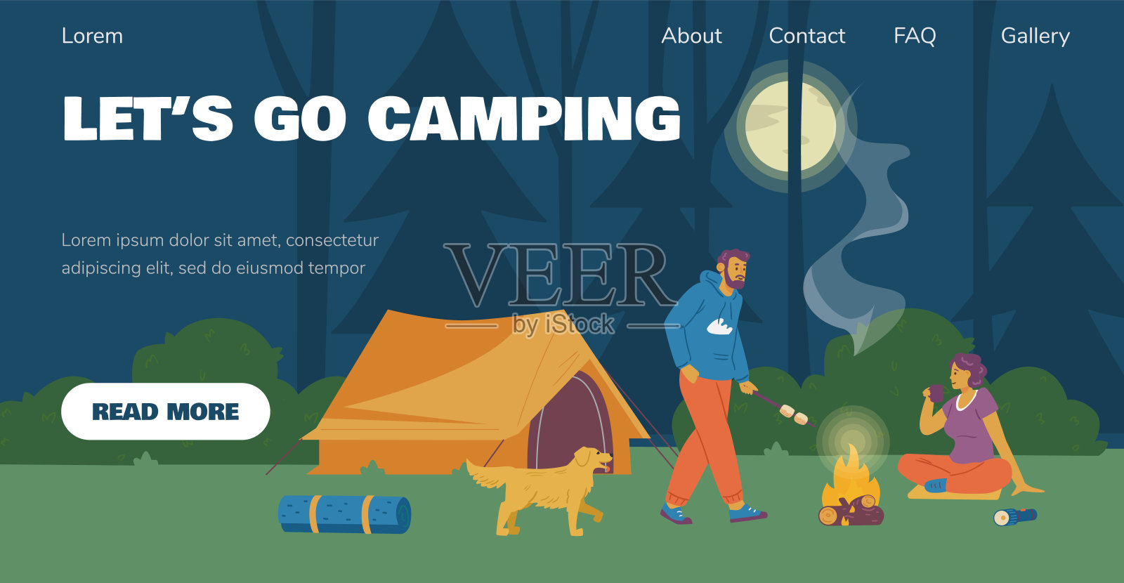 野营网站与夫妇在夜间森林营地，平矢量插图。插画图片素材