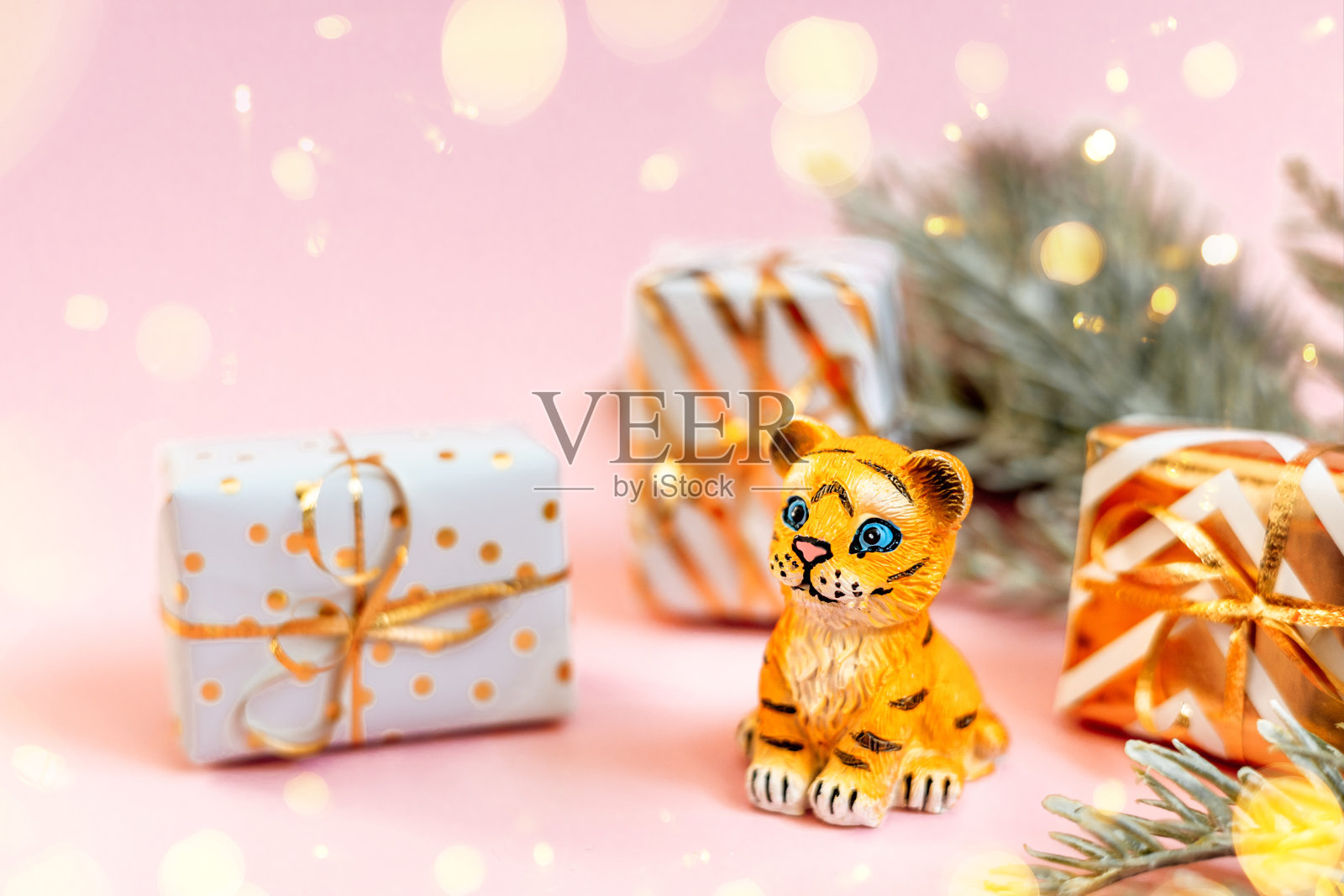 老虎象征着2022年的中国新年。云杉树枝老虎雕像和粉色粉彩背景的金色礼盒。副本的空间。照片摄影图片