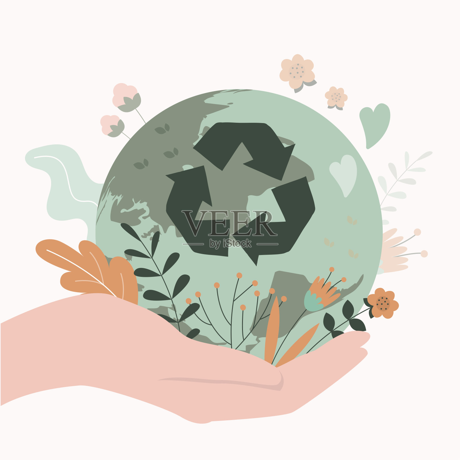 手牵着有回收标志的星球。零废物运动支持。34、环保，绿色生活插画图片素材