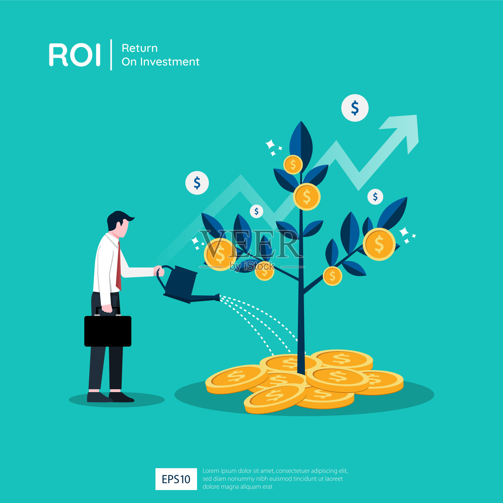 植物金钱树的投资概念插图。收入以商人身份和美元符号增加。企业利润表现的ROI插画图片素材
