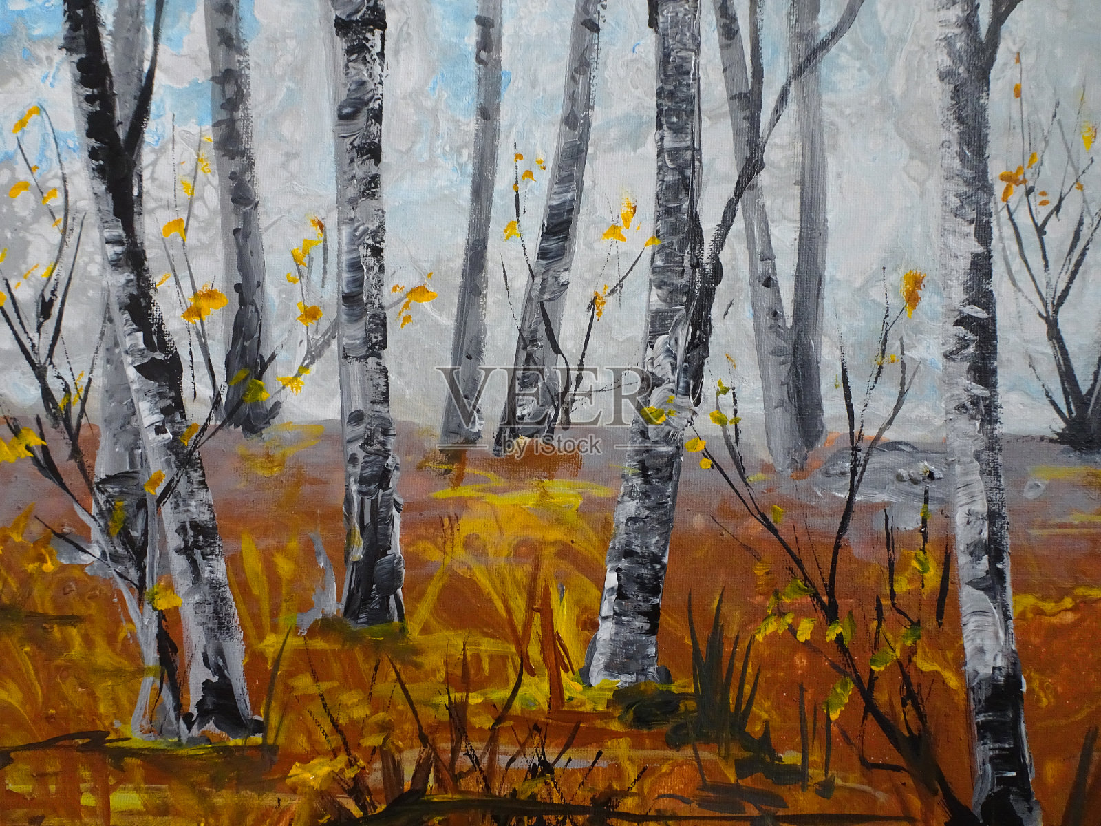 桦树树干背景下的秋天橙色叶油画插画图片素材