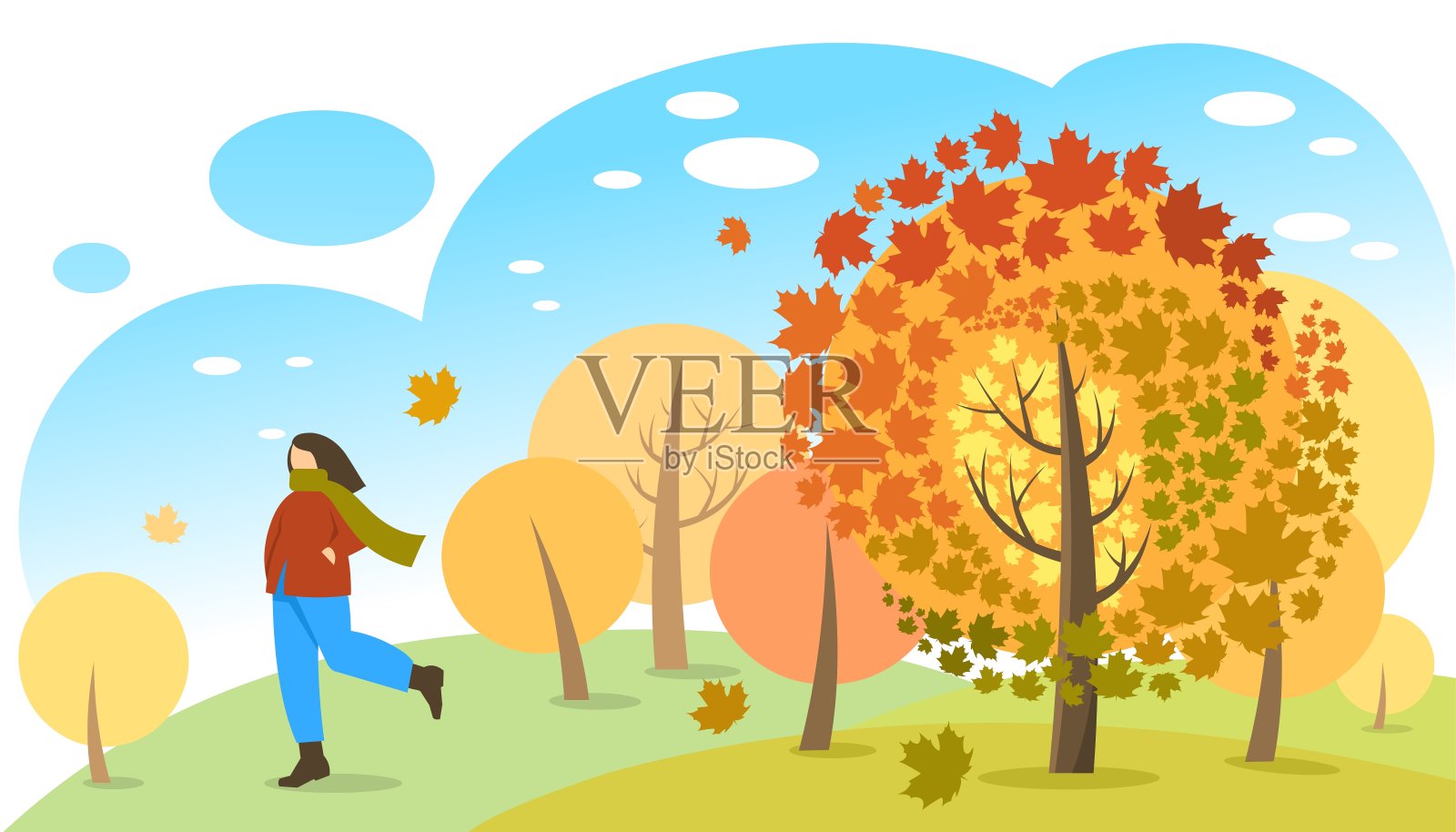 年轻女子漫步在秋天的公园，森林。在大自然中进行积极的娱乐活动。多彩的秋树和蓝色的天空。风吹着明亮的枫叶。插画图片素材