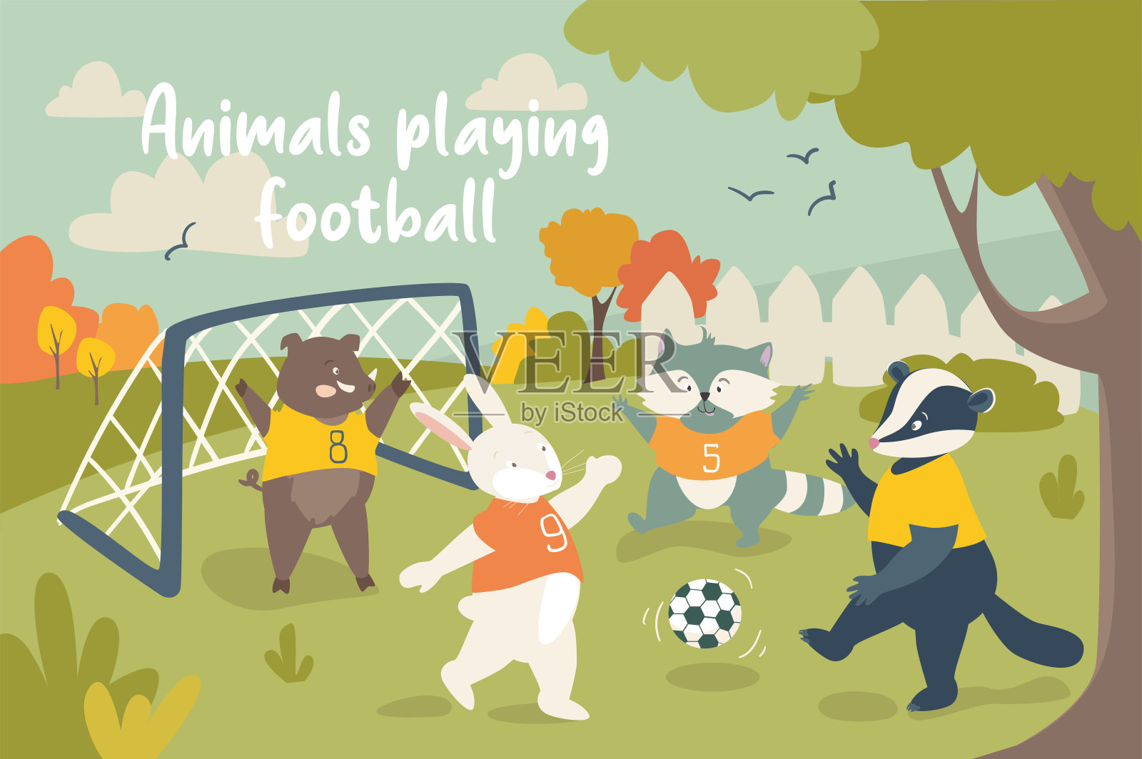 动物踢足球的概念背景插画图片素材