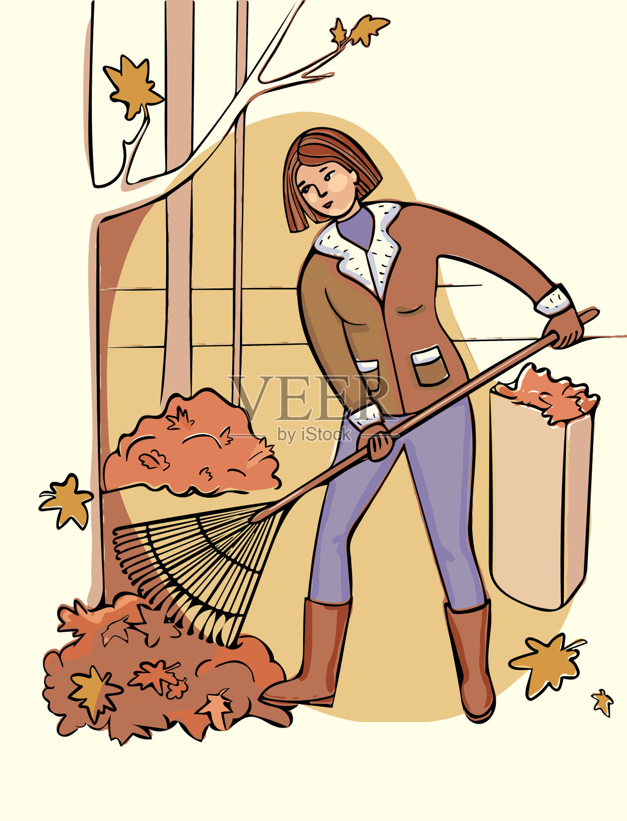 女人耙树叶。手绘的暖色矢量插图。插画图片素材