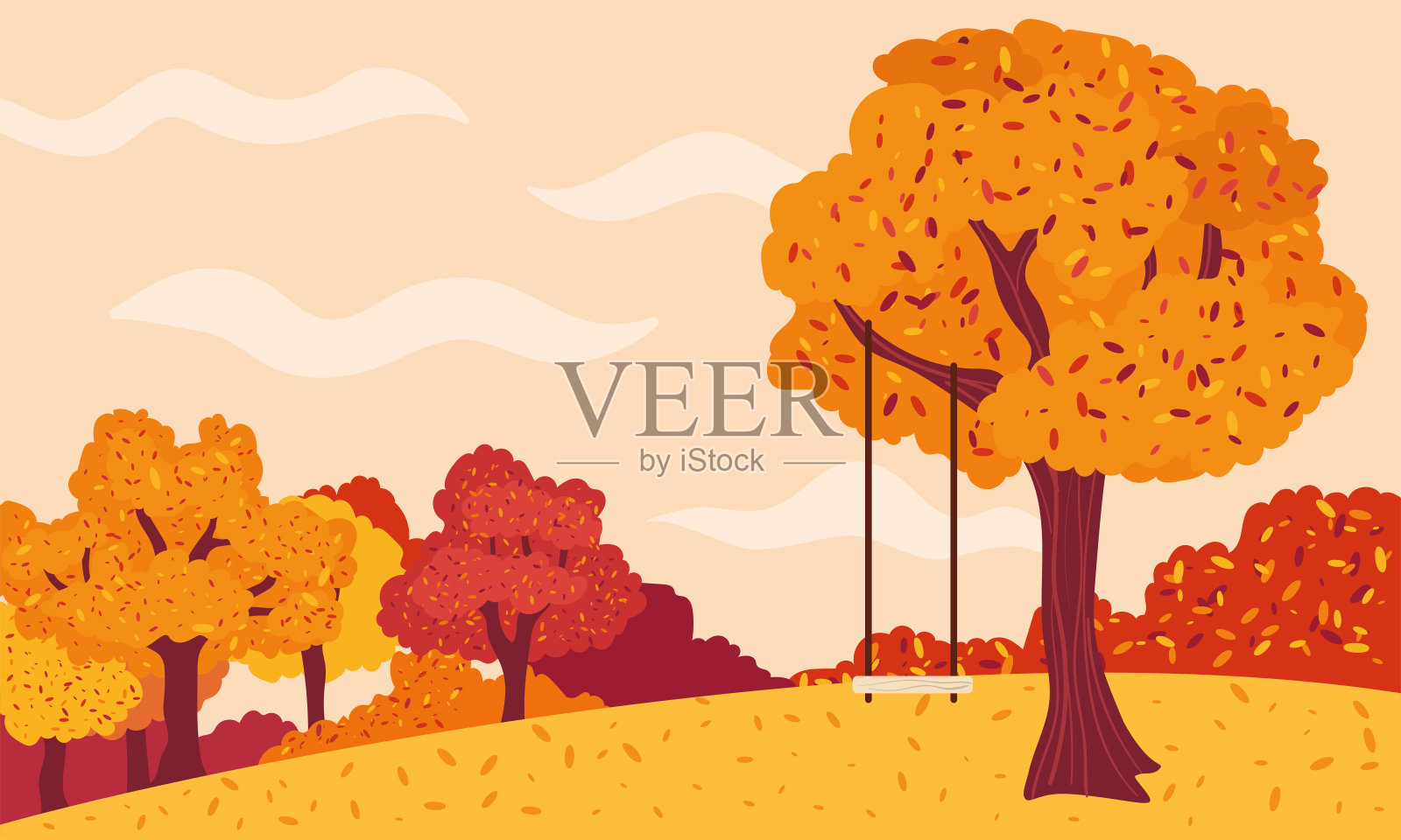 彩色的秋天景观与秋千在树向量插画图片素材